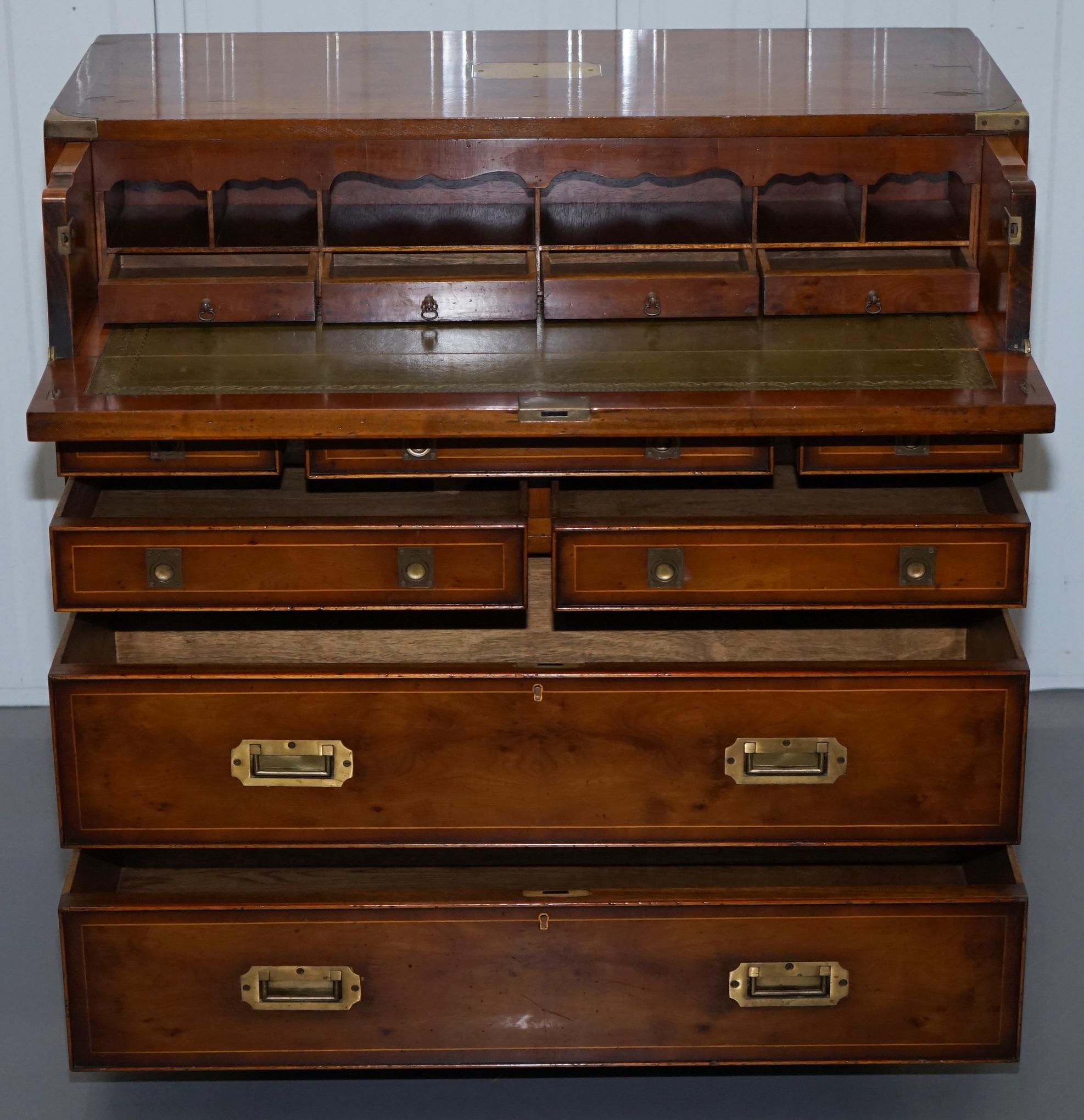 Lovely Burr Yew Wood Military Campaign Chest of Drawers Built in Drop Front Desk 9