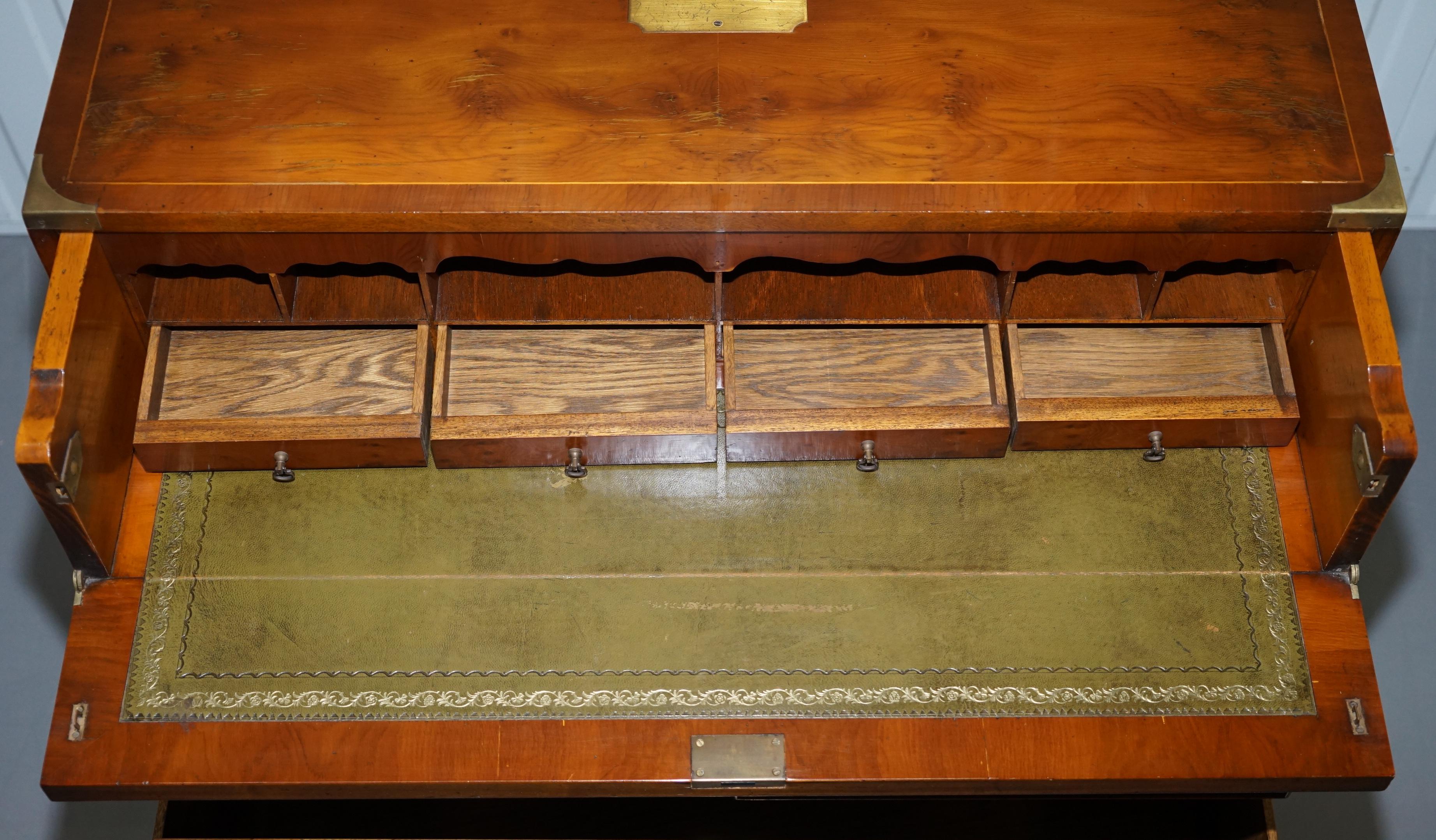 Lovely Burr Yew Wood Military Campaign Chest of Drawers Built in Drop Front Desk 10