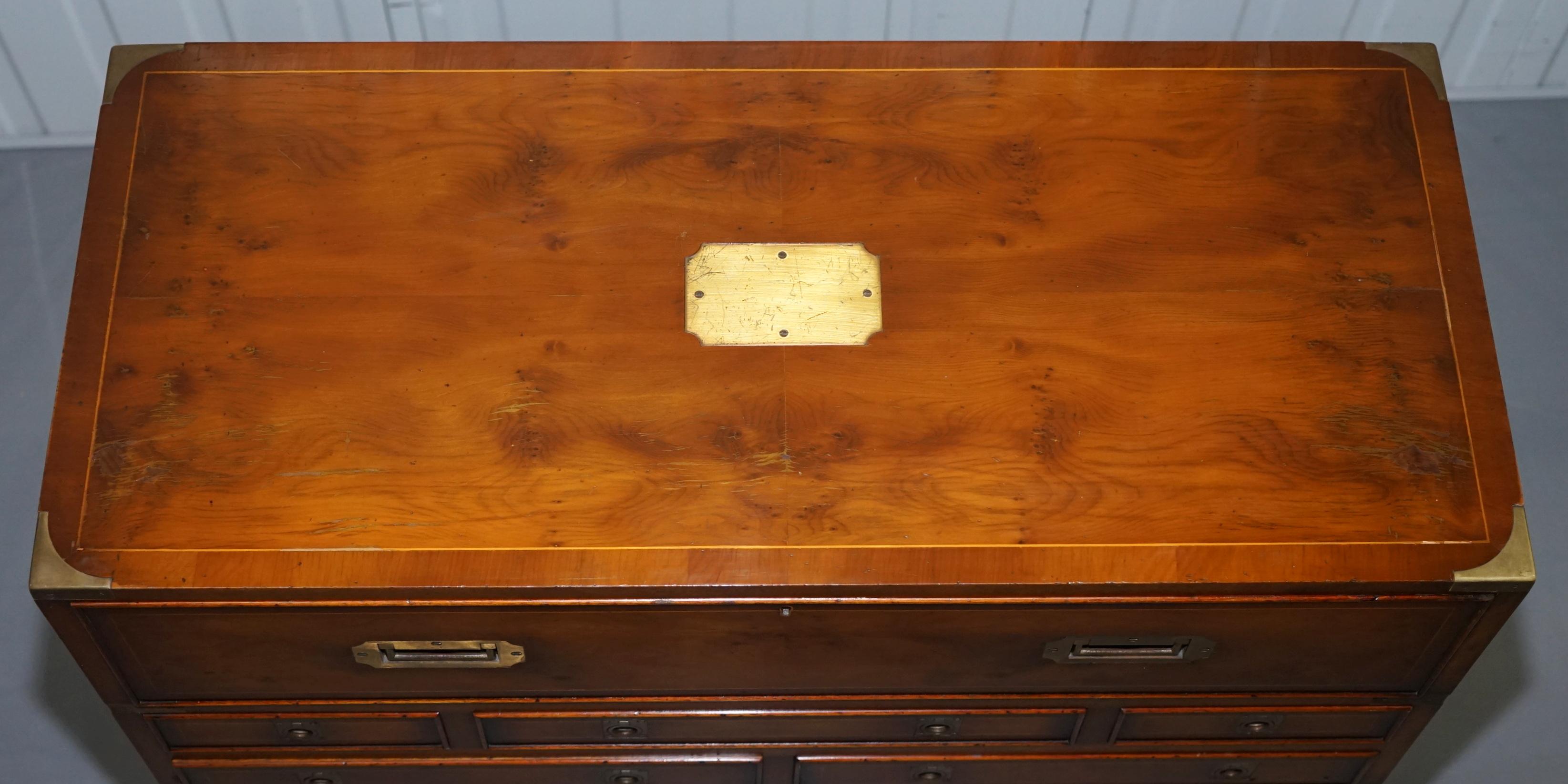 English Lovely Burr Yew Wood Military Campaign Chest of Drawers Built in Drop Front Desk