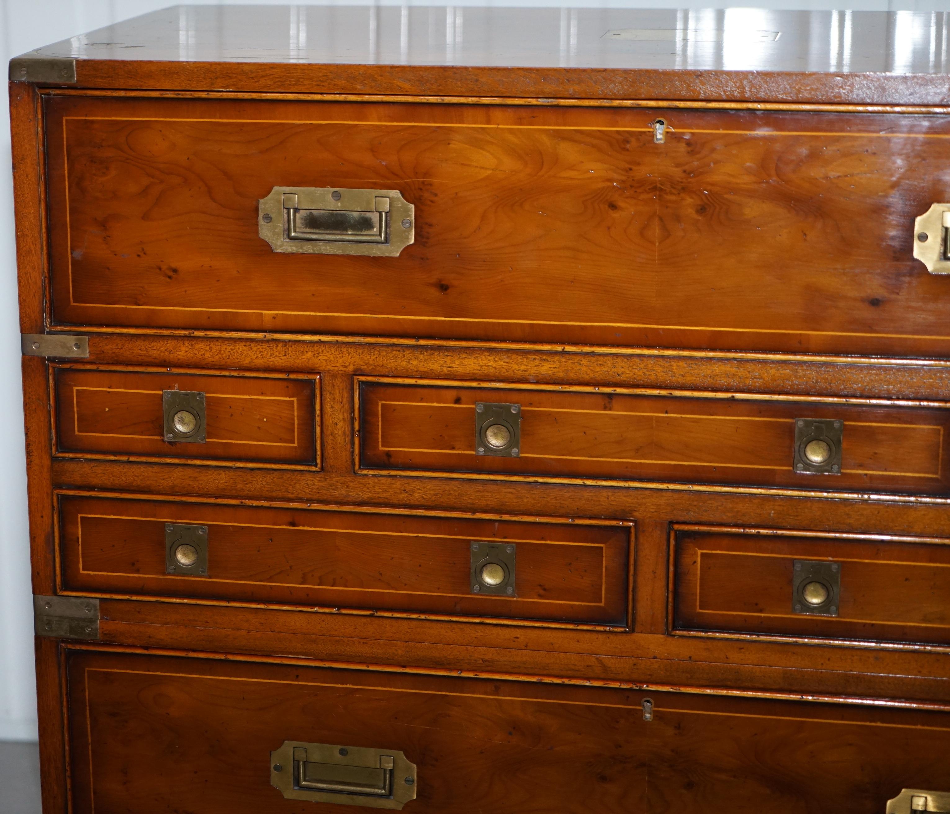 Lovely Burr Yew Wood Military Campaign Chest of Drawers Built in Drop Front Desk 4