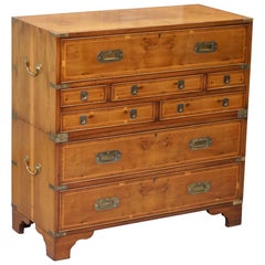 Vintage Lovely Burr Yew Wood Military Campaign Chest of Drawers Built in Drop Front Desk