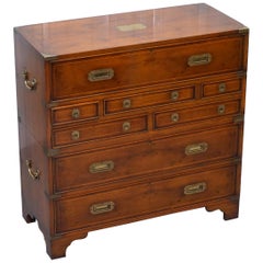 Vintage Lovely Burr Yew Wood Military Campaign Chest of Drawers Built in Drop Front Desk