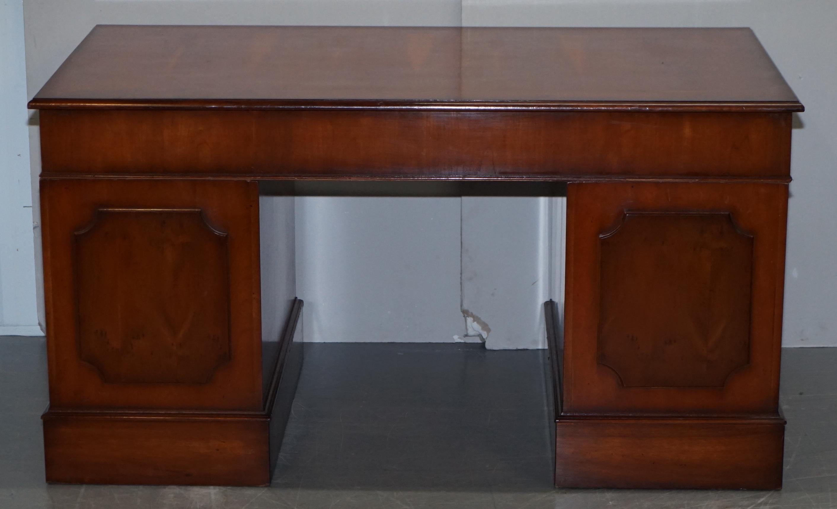 Lovely Burr Yew Wood Twin Pedestal Partner Desk with Complete Ornate Timber Top For Sale 6