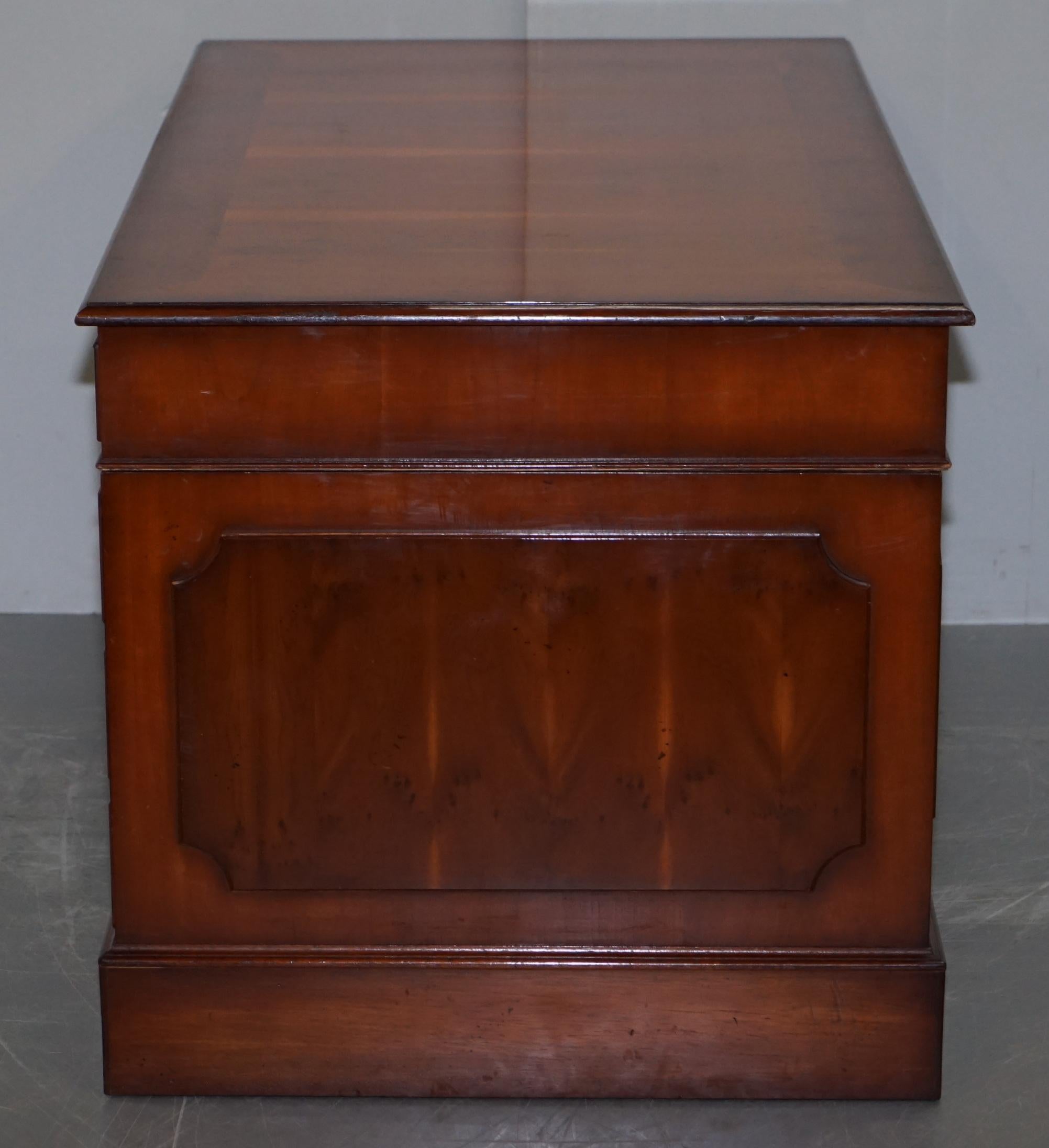 Lovely Burr Yew Wood Twin Pedestal Partner Desk with Complete Ornate Timber Top For Sale 8