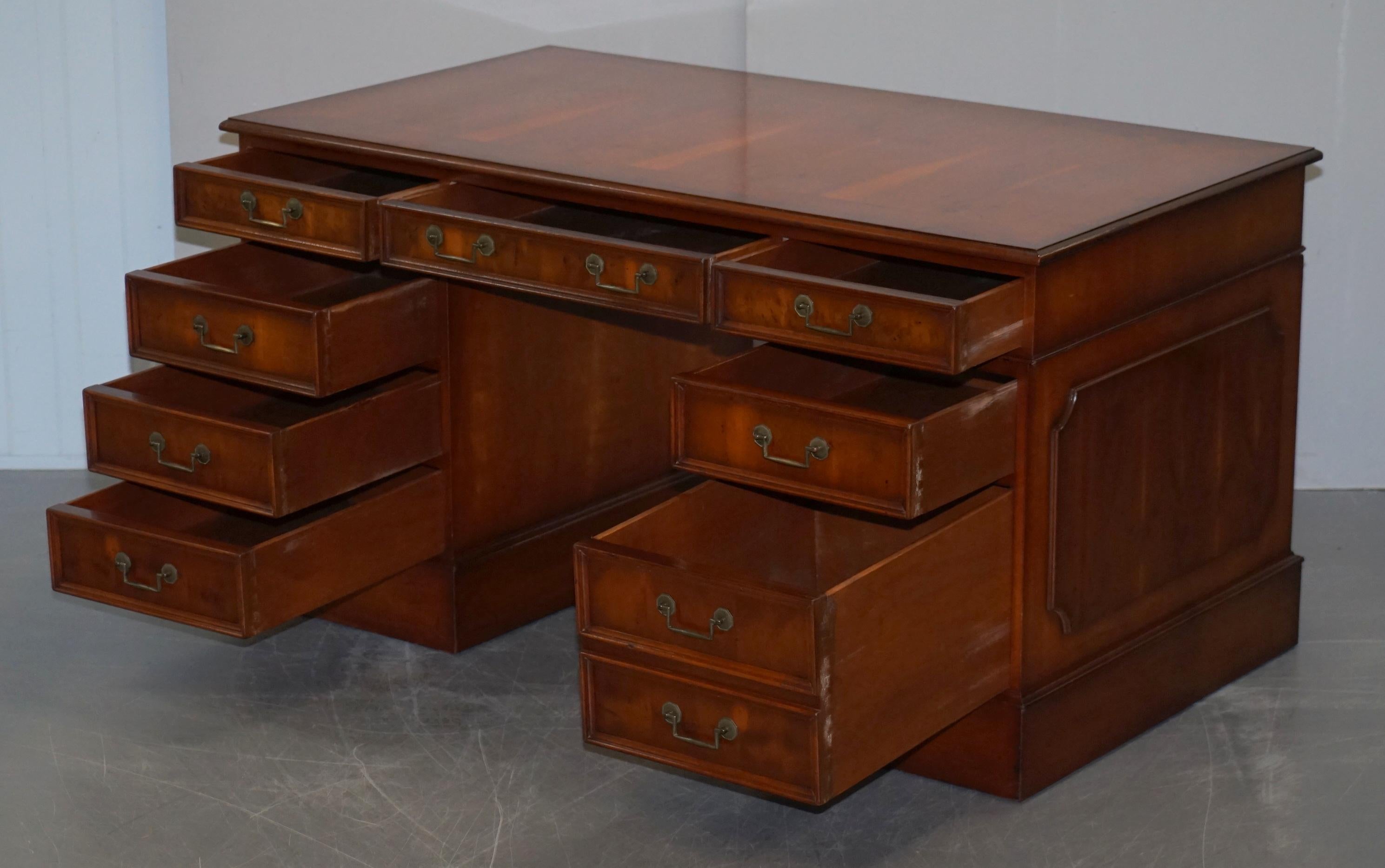 Lovely Burr Yew Wood Twin Pedestal Partner Desk with Complete Ornate Timber Top For Sale 9