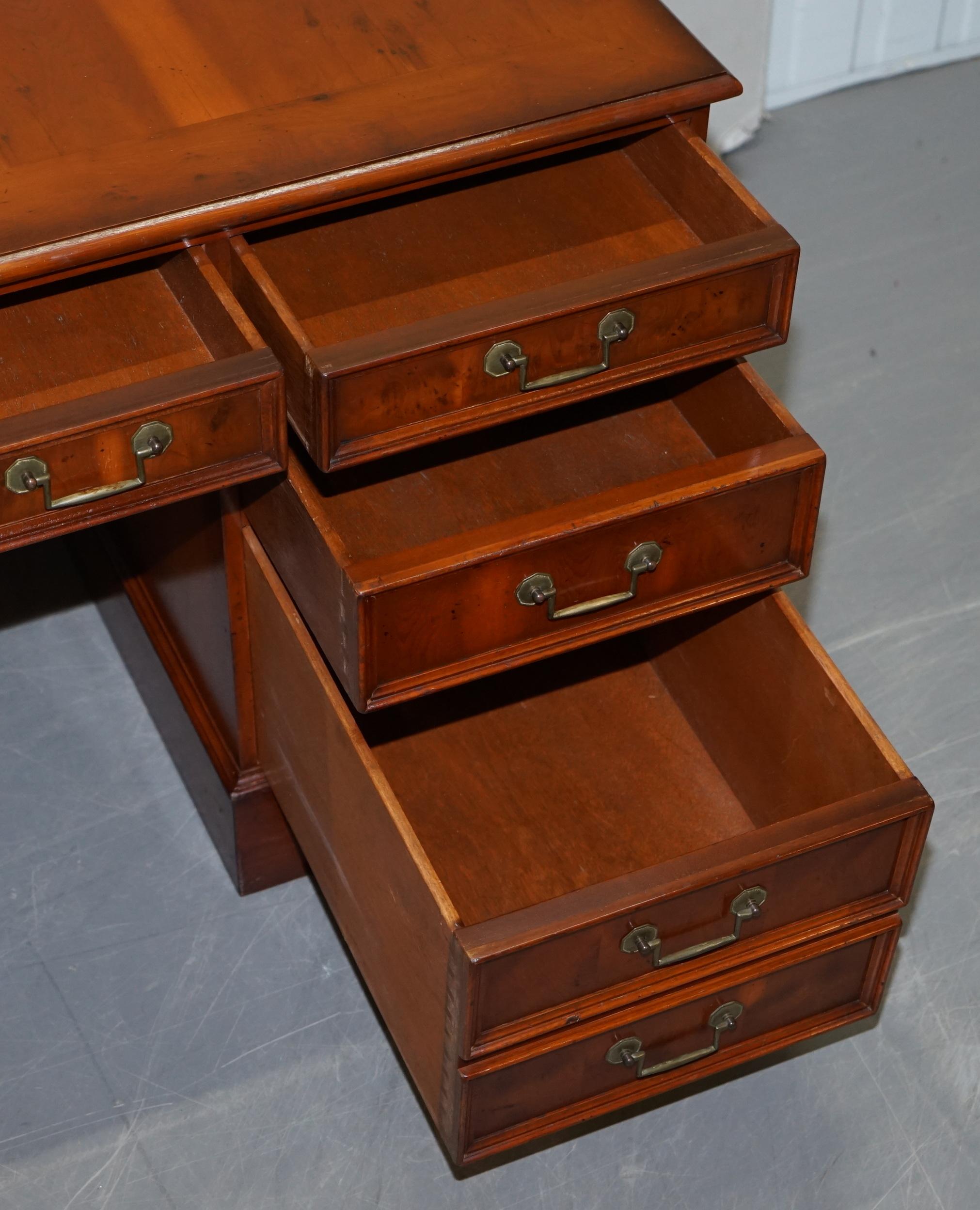 Lovely Burr Yew Wood Twin Pedestal Partner Desk with Complete Ornate Timber Top For Sale 12