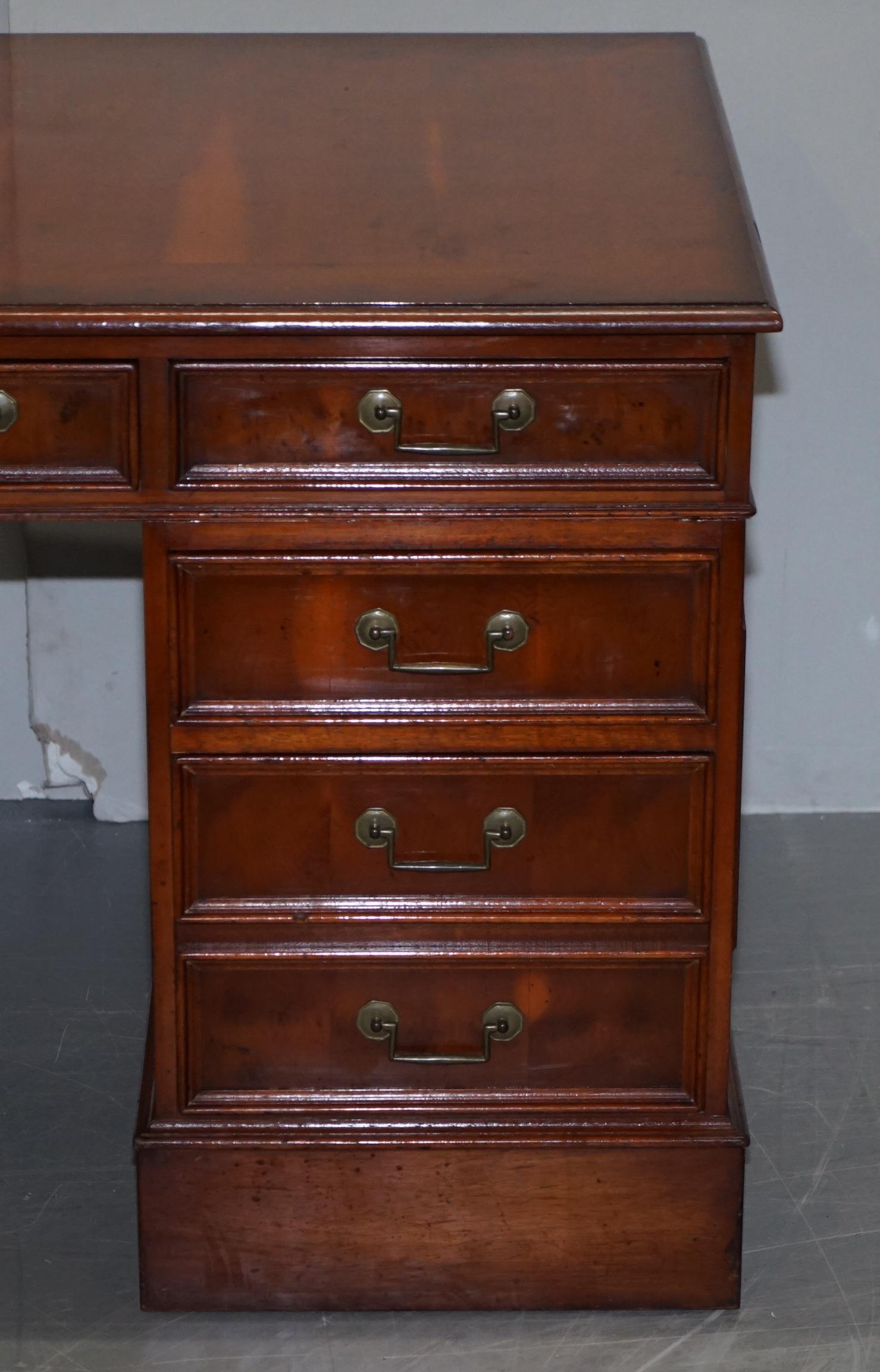 Art Deco Lovely Burr Yew Wood Twin Pedestal Partner Desk with Complete Ornate Timber Top For Sale