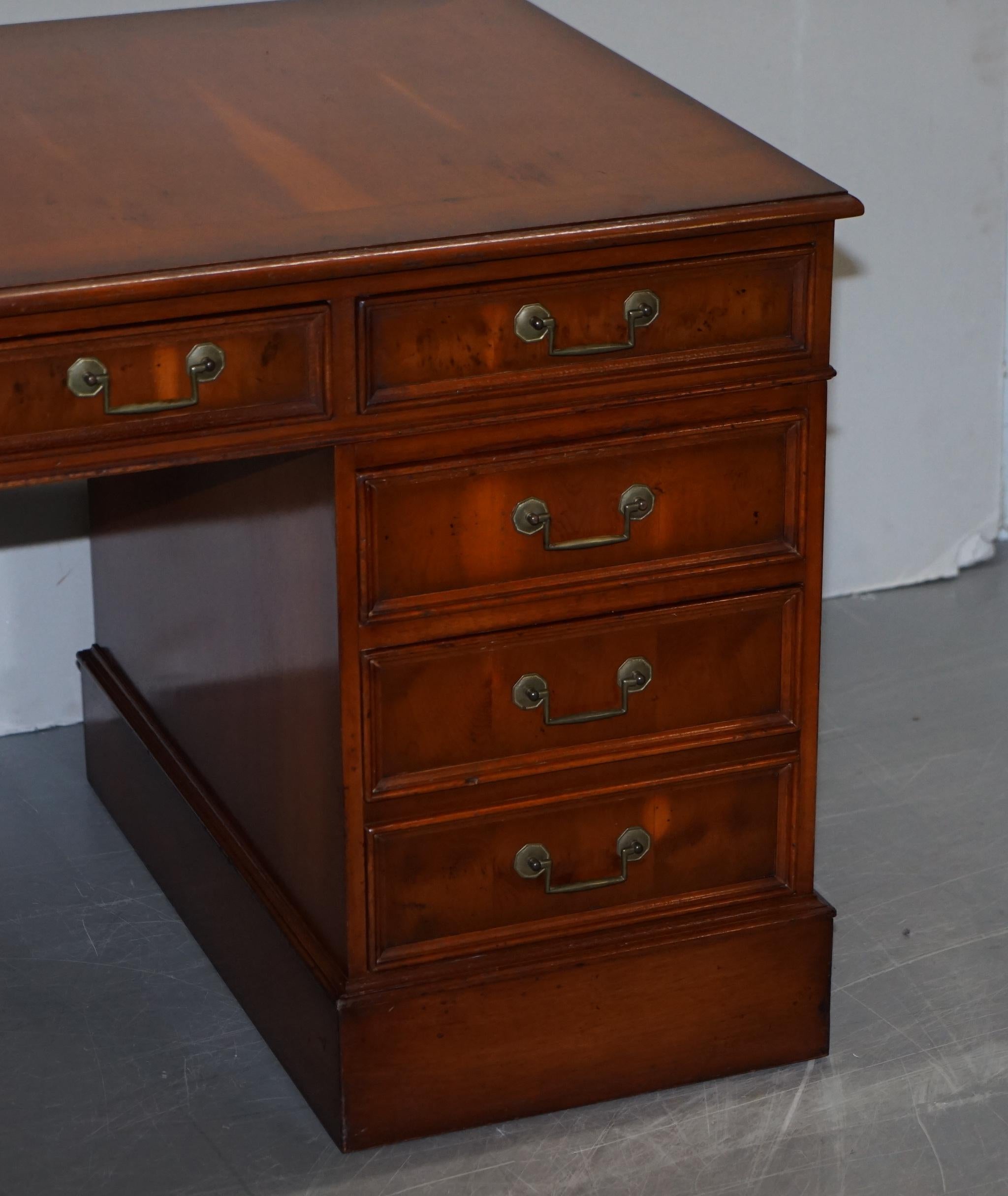 English Lovely Burr Yew Wood Twin Pedestal Partner Desk with Complete Ornate Timber Top For Sale