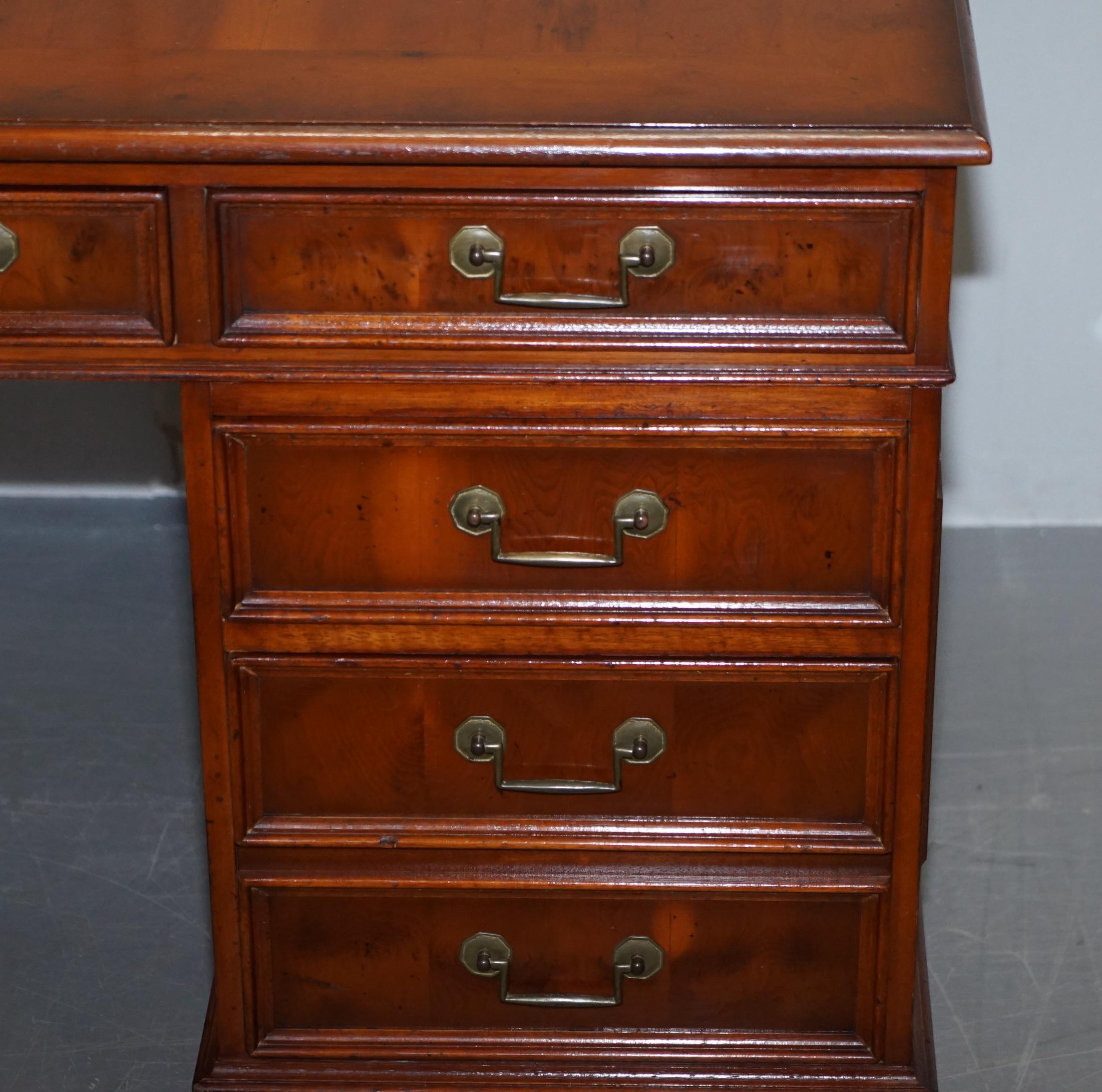 Hand-Crafted Lovely Burr Yew Wood Twin Pedestal Partner Desk with Complete Ornate Timber Top For Sale