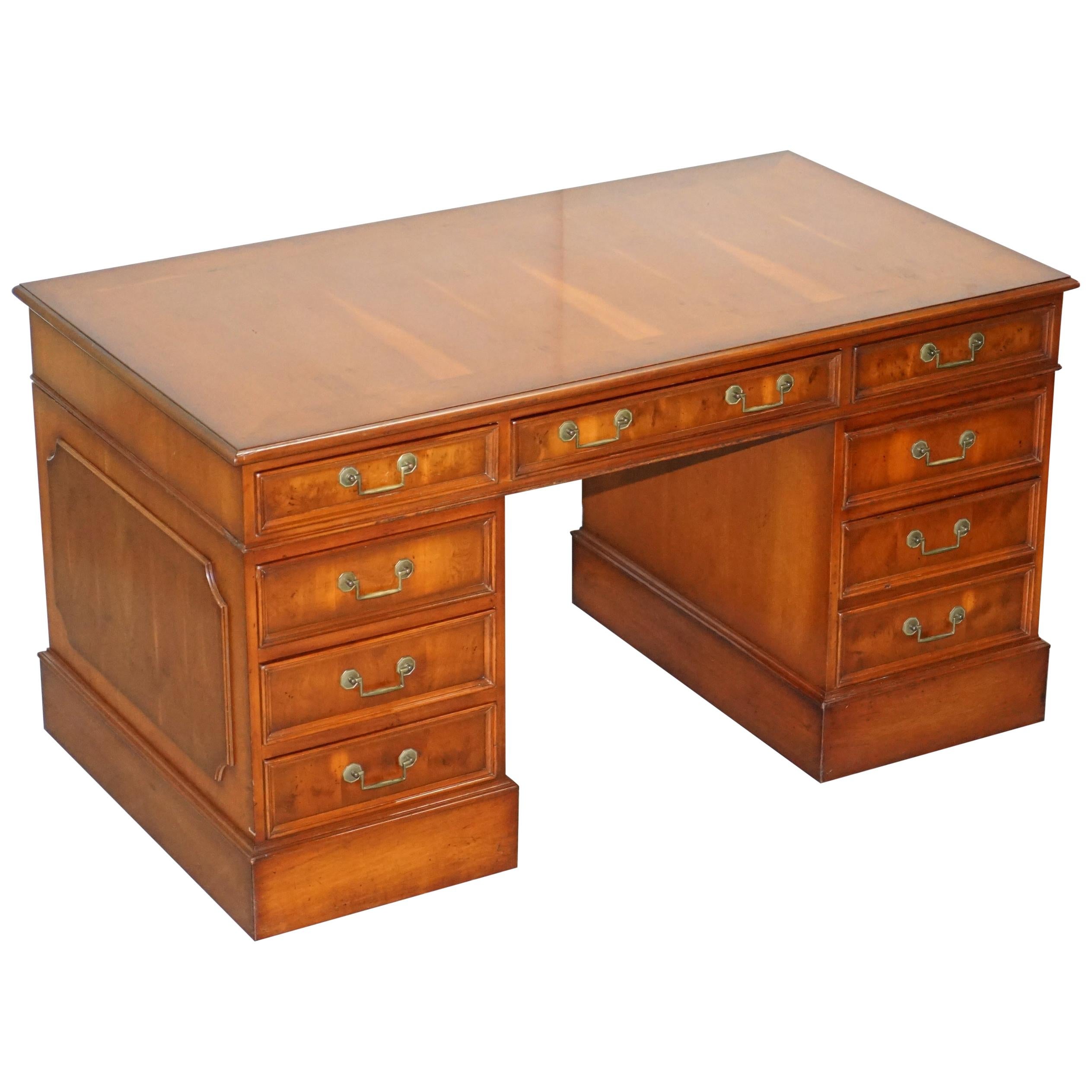 Lovely Burr Yew Wood Twin Pedestal Partner Desk with Complete Ornate Timber Top For Sale