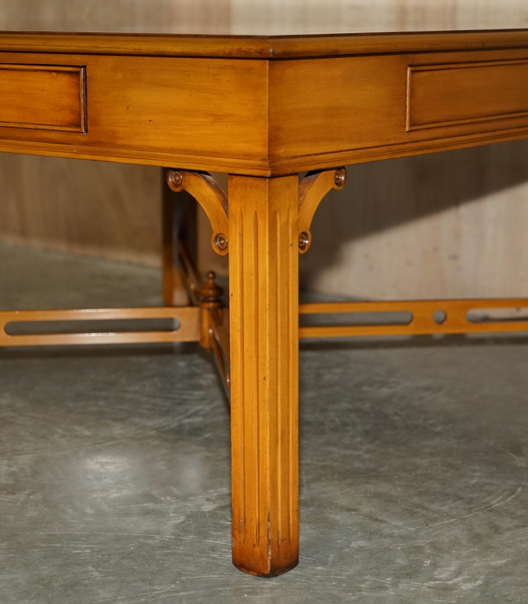 Lovely Burr Yew Wood Two Drawer Coffee Table with Thomas Chippendale Stretches For Sale 2