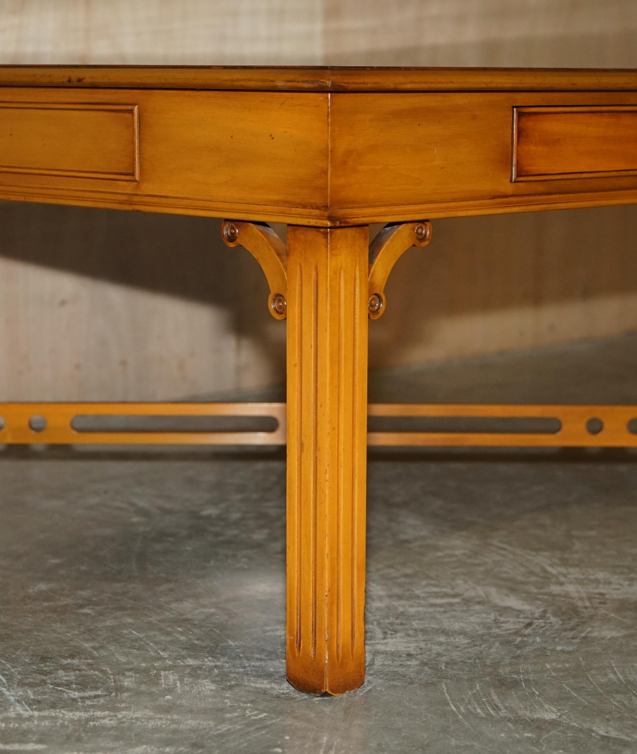 English Lovely Burr Yew Wood Two Drawer Coffee Table with Thomas Chippendale Stretches For Sale
