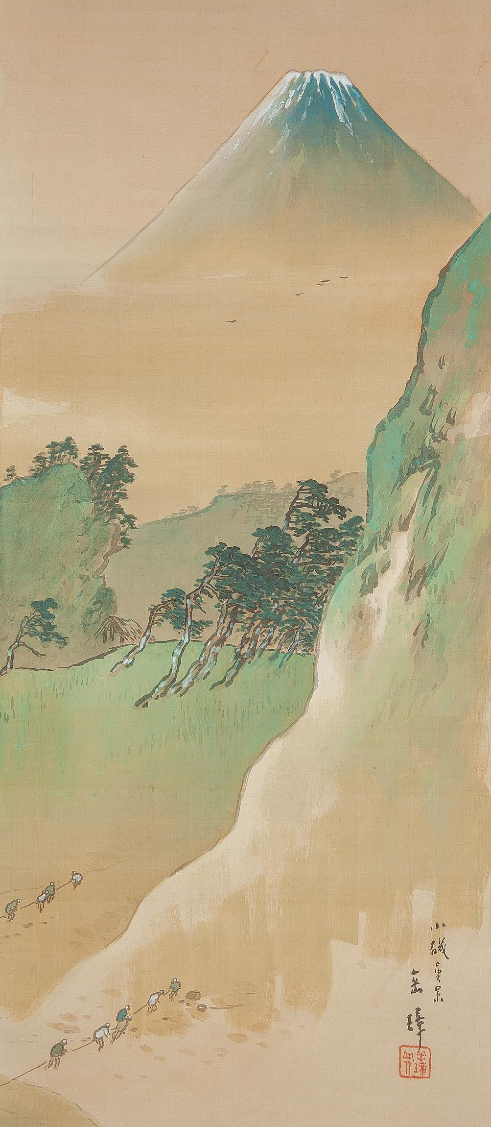 Lovely circa 1900 C-Scroll Gemälde Japan Künstler signiert Figuren in der Landschaft (Japanisch) im Angebot