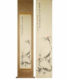 Lovely circa 1900 Scroll Paintings Japan Artist Shinsu Signed Crane in Landscape