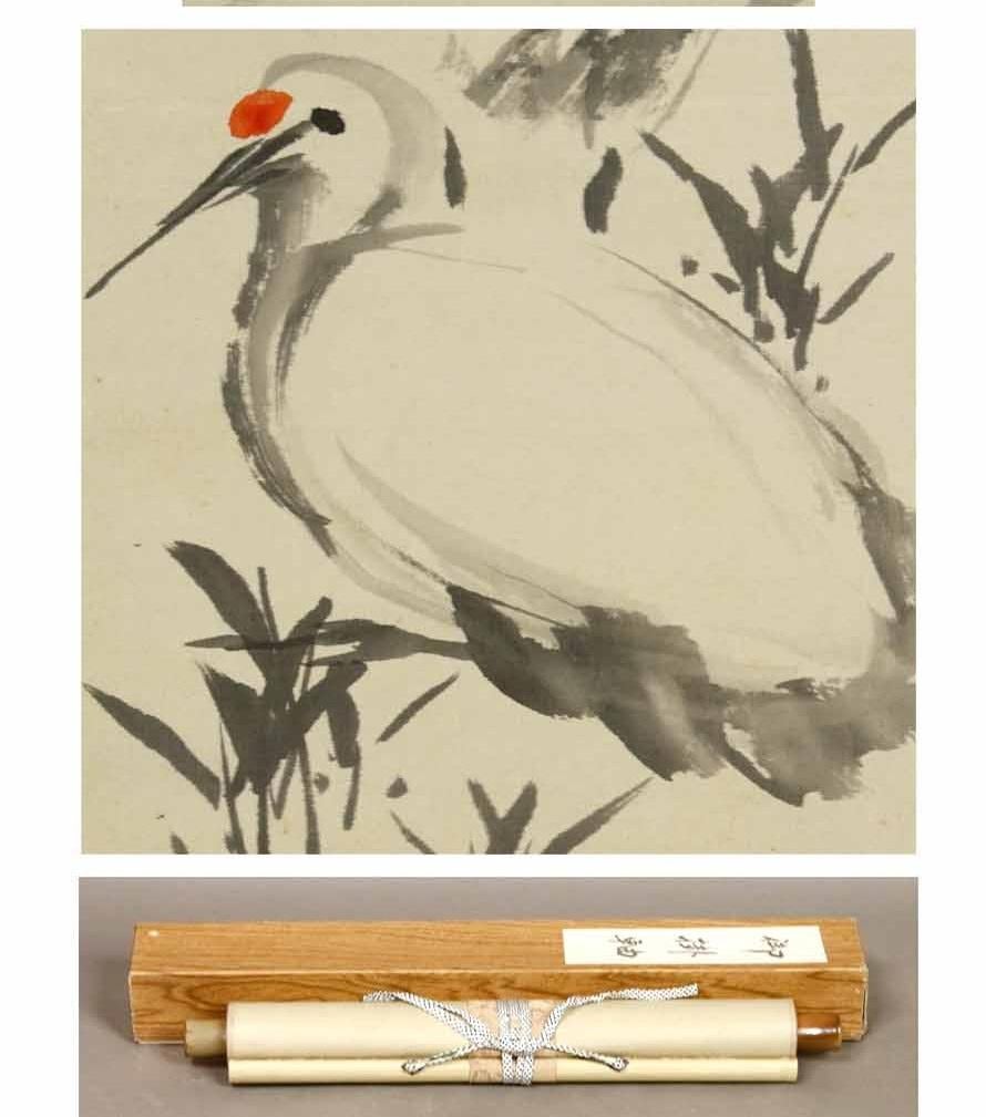 Meiji Lovely circa 1900 Scroll Paintings Japan Artist Shinsu Signed Crane in Landscape For Sale