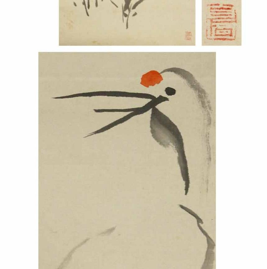 Japanese Lovely circa 1900 Scroll Paintings Japan Artist Shinsu Signed Crane in Landscape For Sale