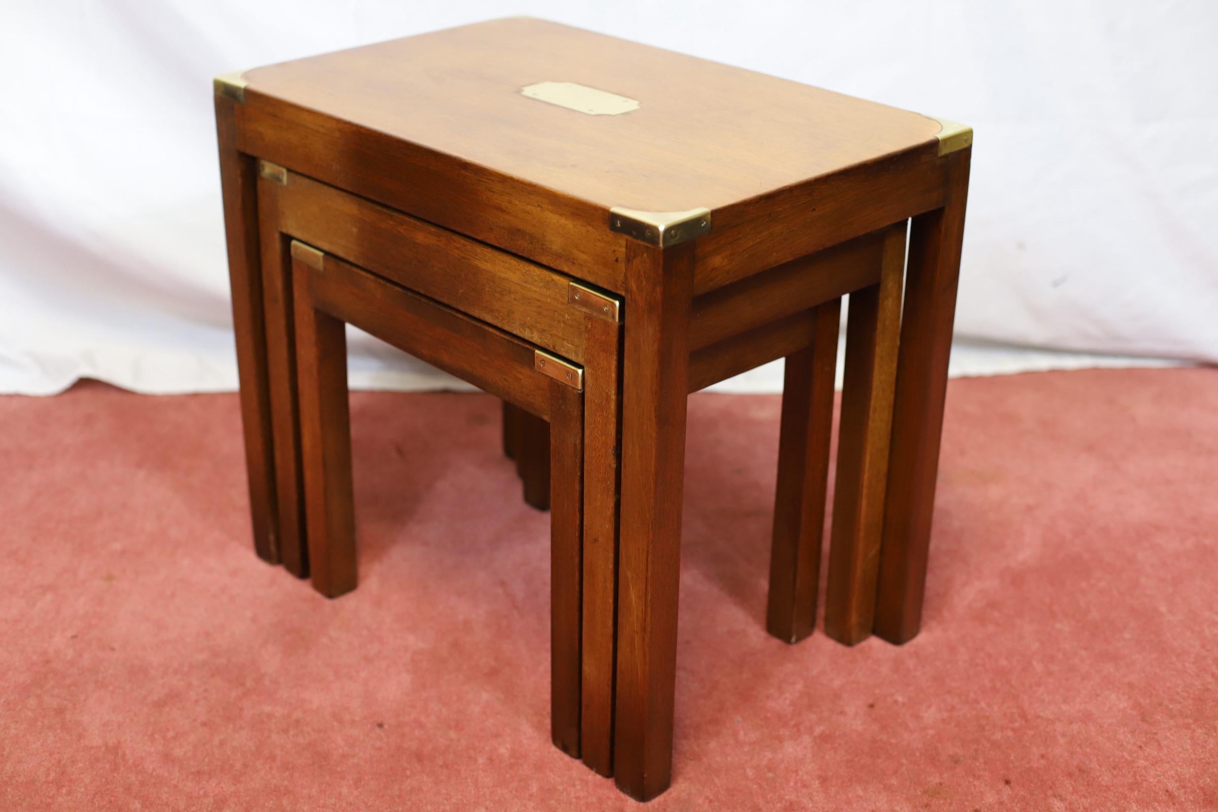 Hand-Crafted Lovely Campaign Style Nest Of Three Tables For Sale