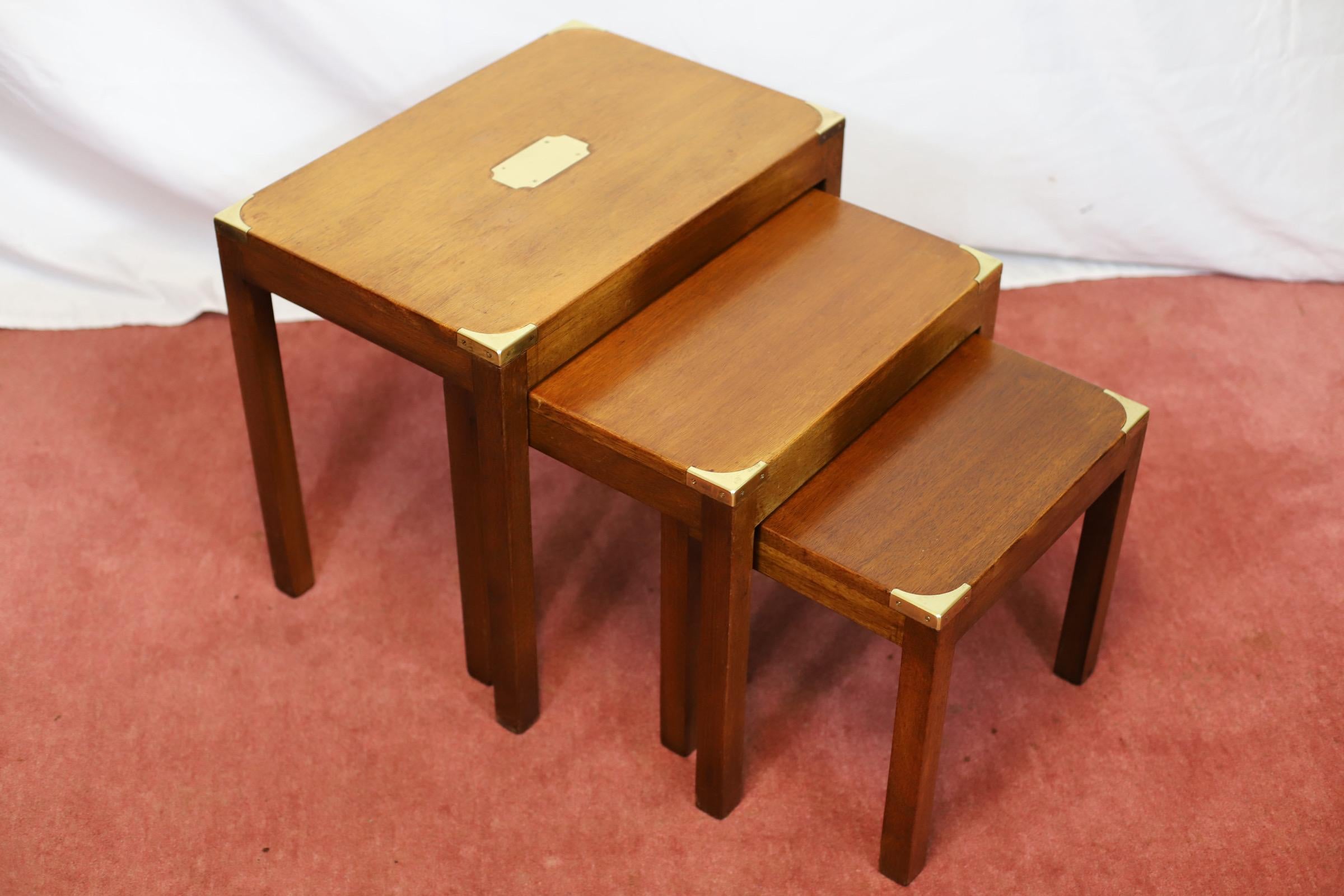Brass Lovely Campaign Style Nest Of Three Tables For Sale
