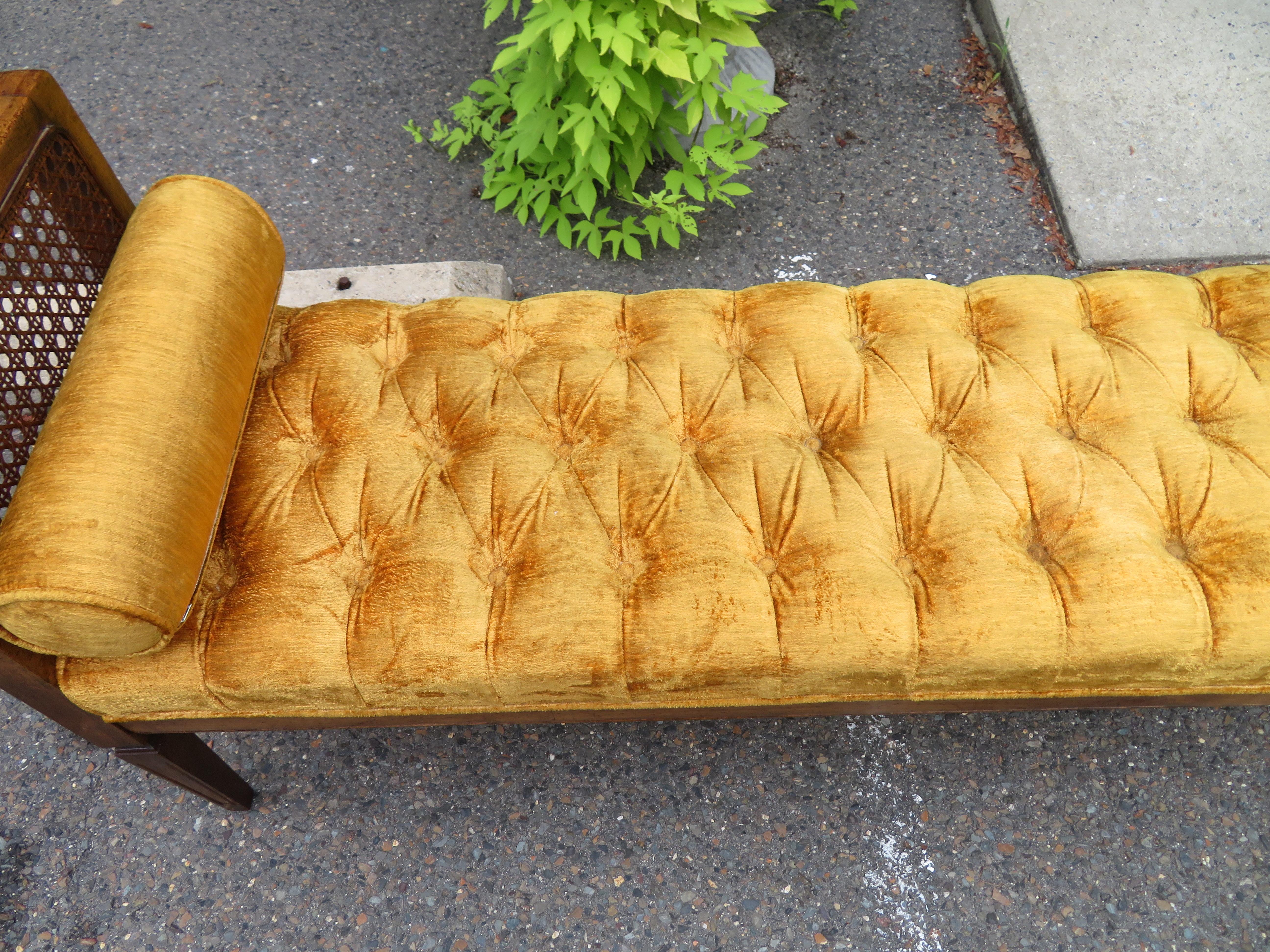 Lovely Caned Walnut Tufted Bench Mid-Century Modern 4