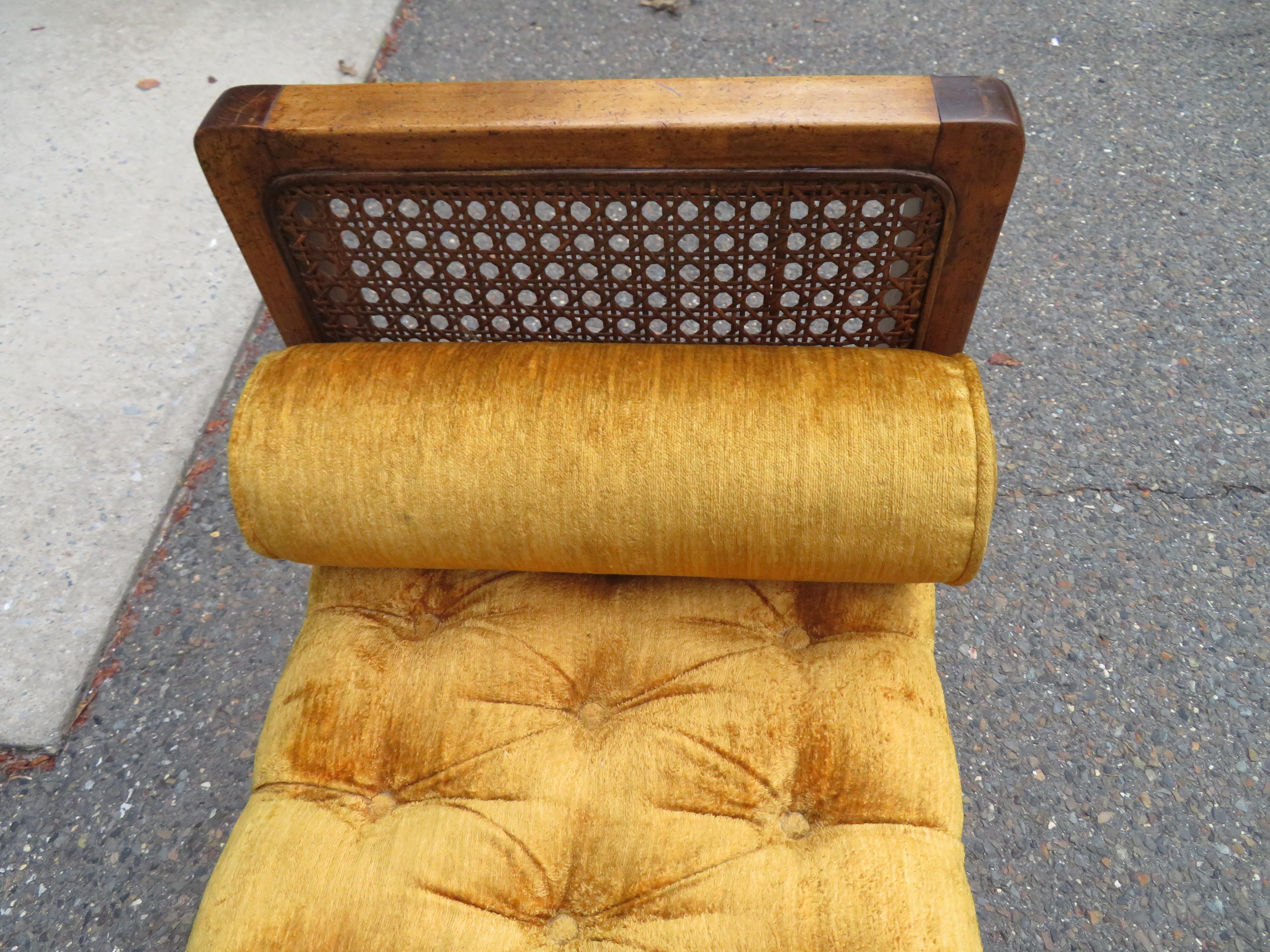 Lovely Caned Walnut Tufted Bench Mid-Century Modern 3