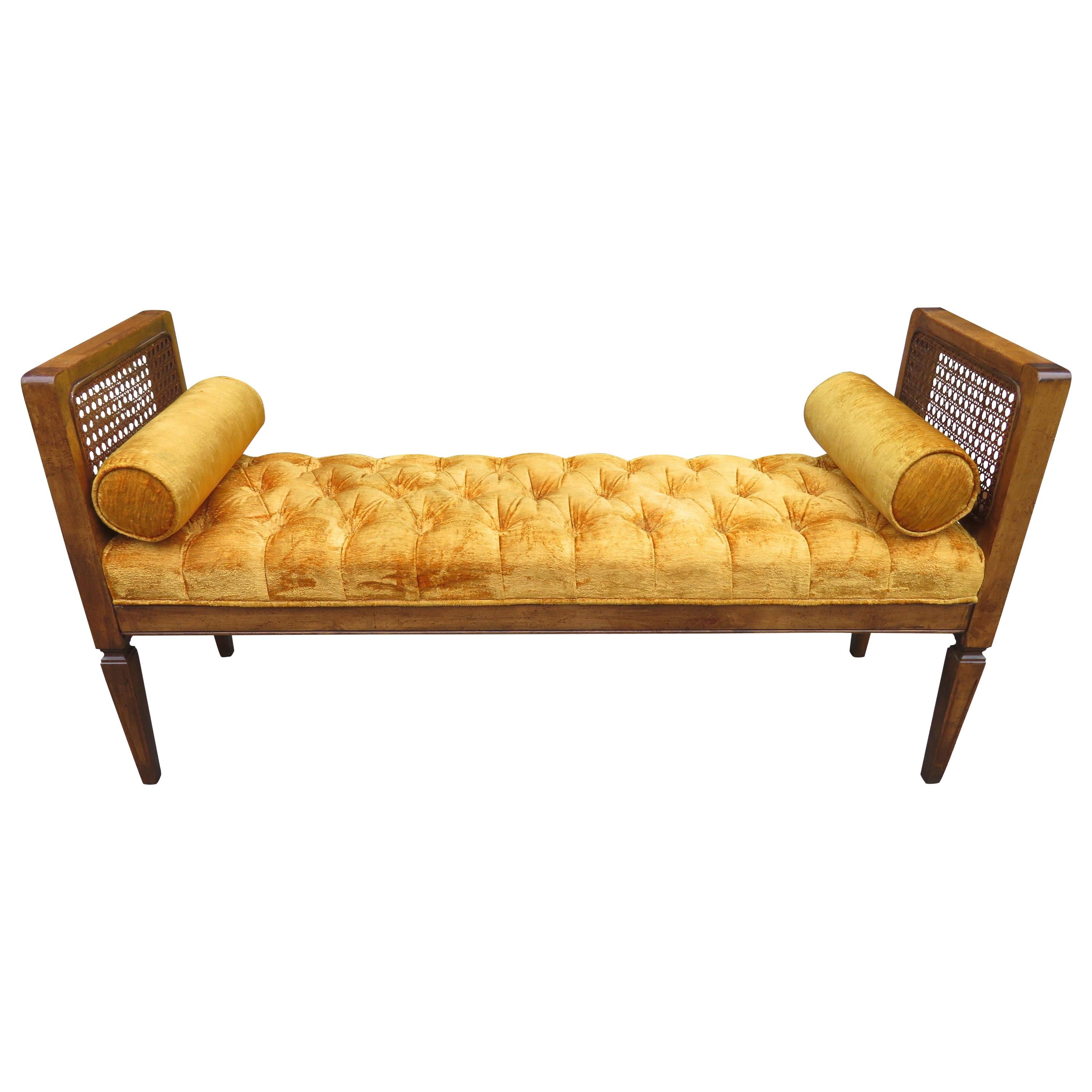 Lovely Caned Walnut Tufted Bench Mid-Century Modern