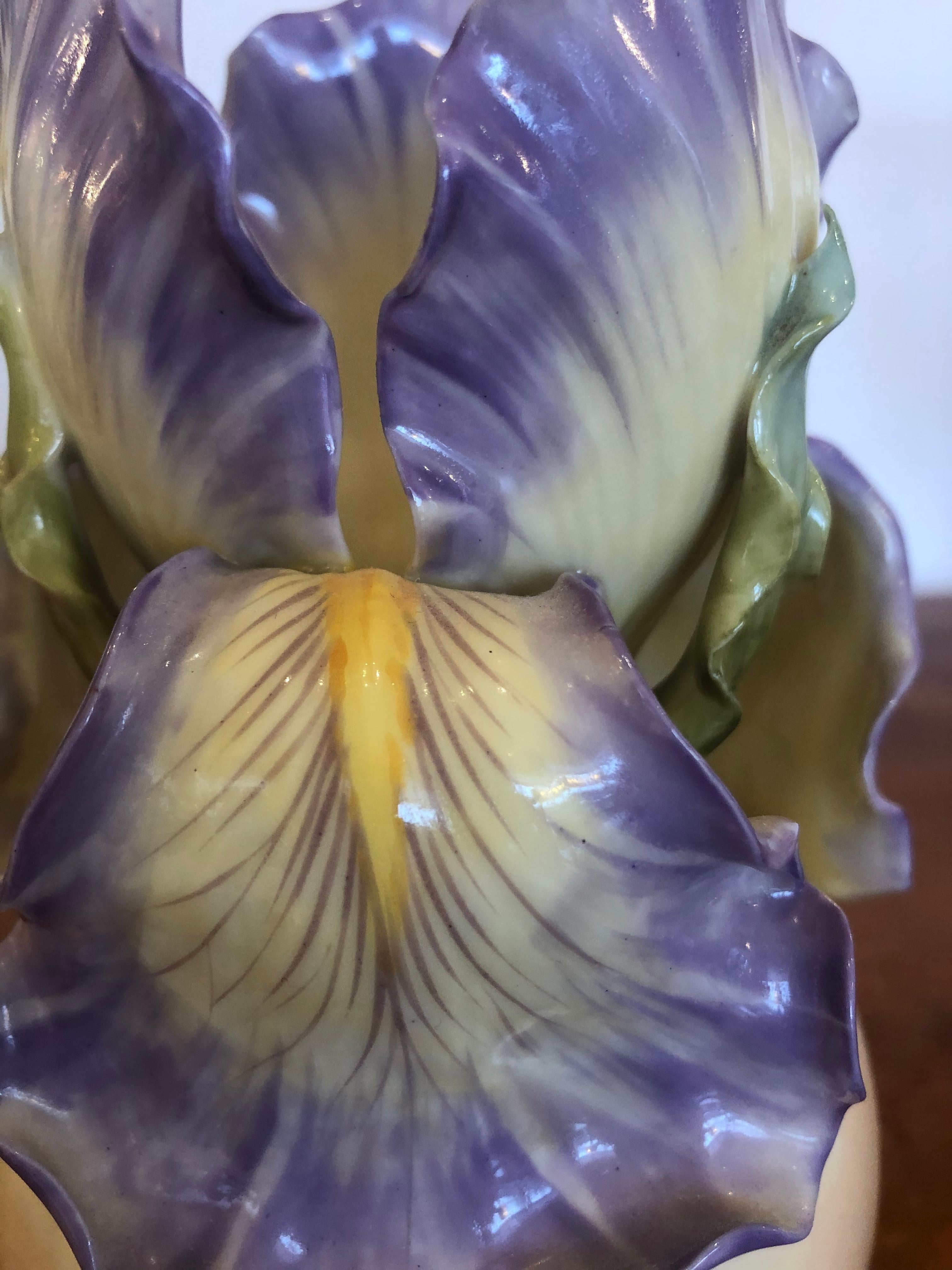 A magical object of art vase with the exquisite petals of a blossoming iris flower.