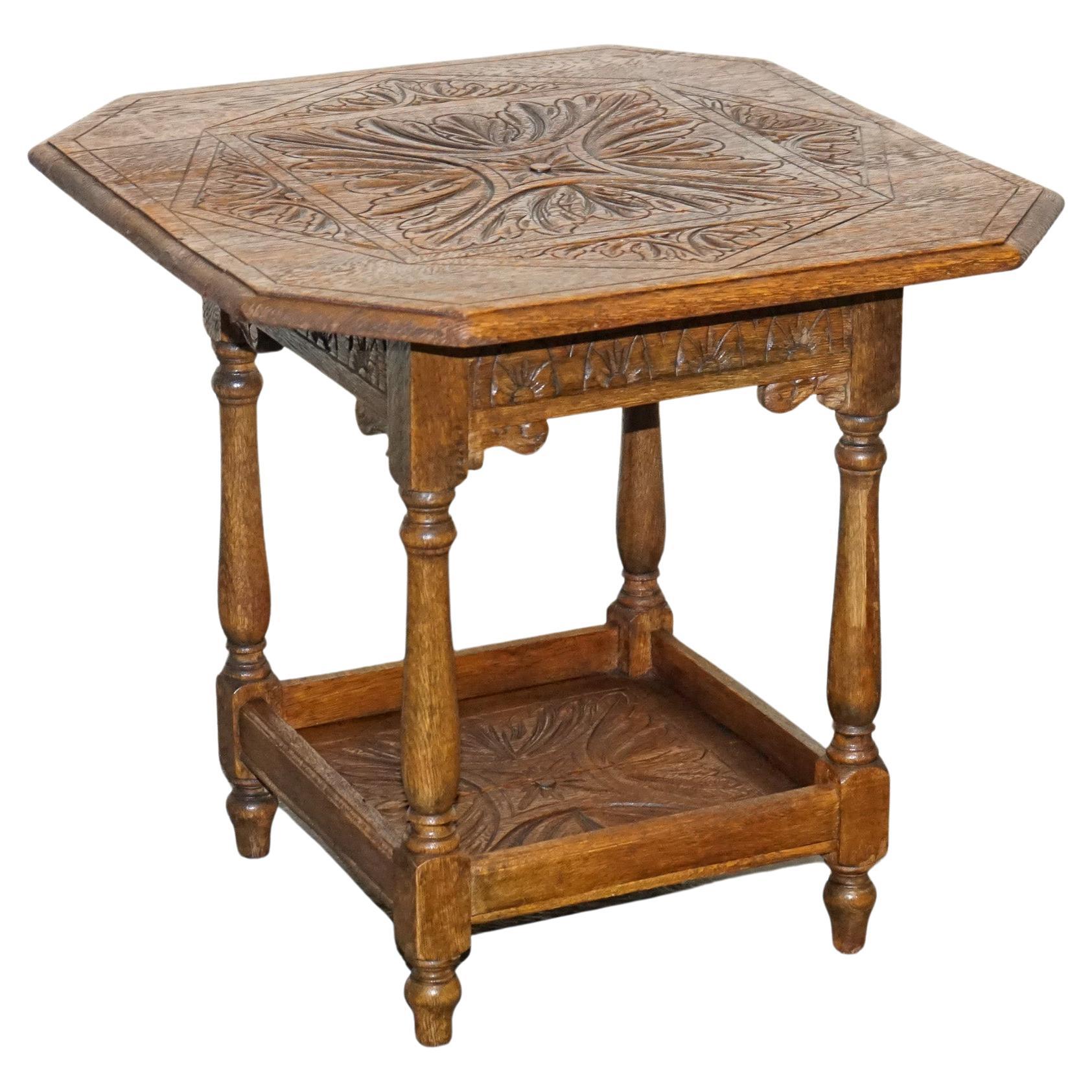 LOVELY CARVED GOTHIC OAK SiDE TABLE  For Sale