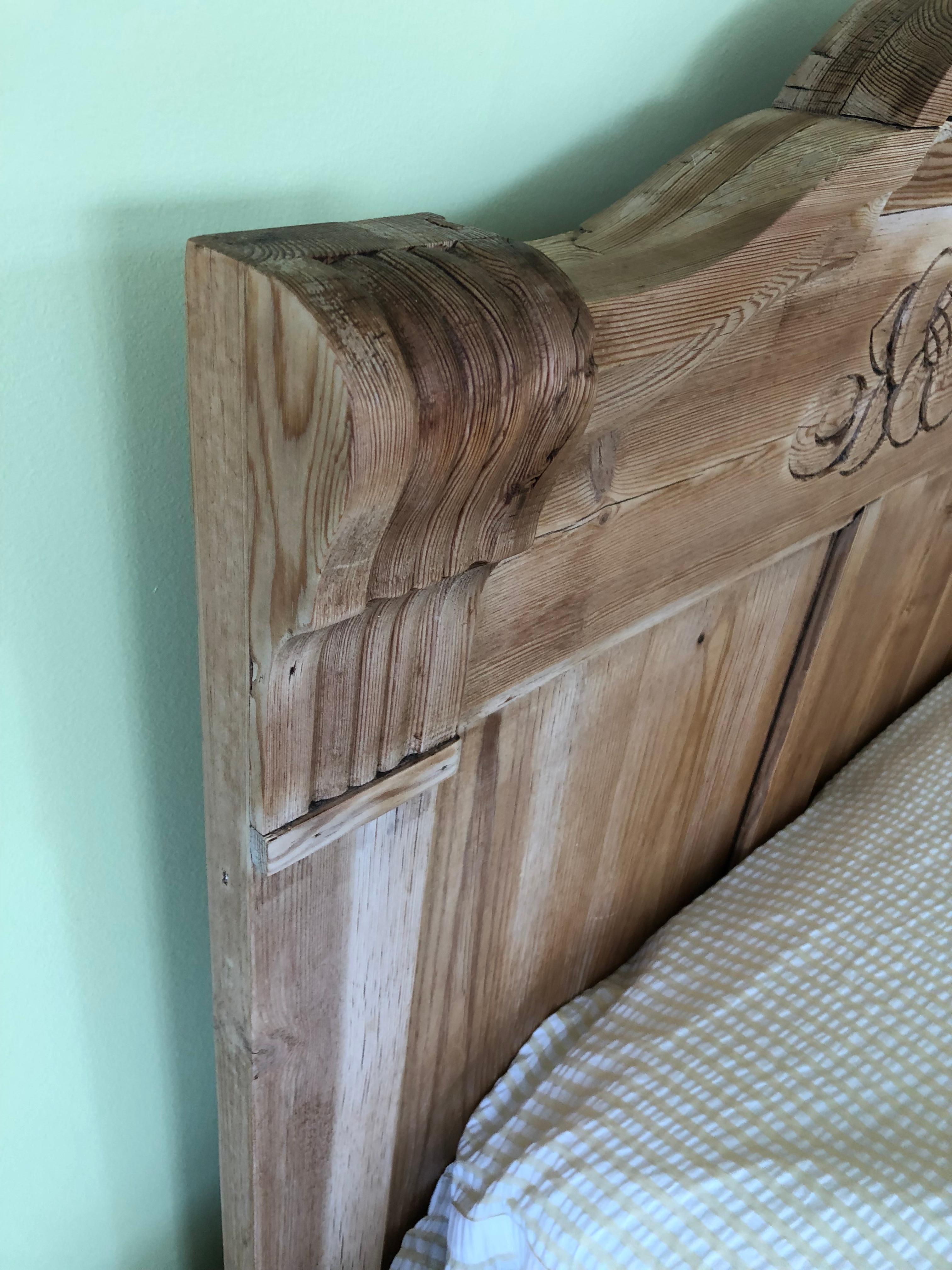 Lovely Carved Natural Pine Antique King Size Bed Frame For Sale 2