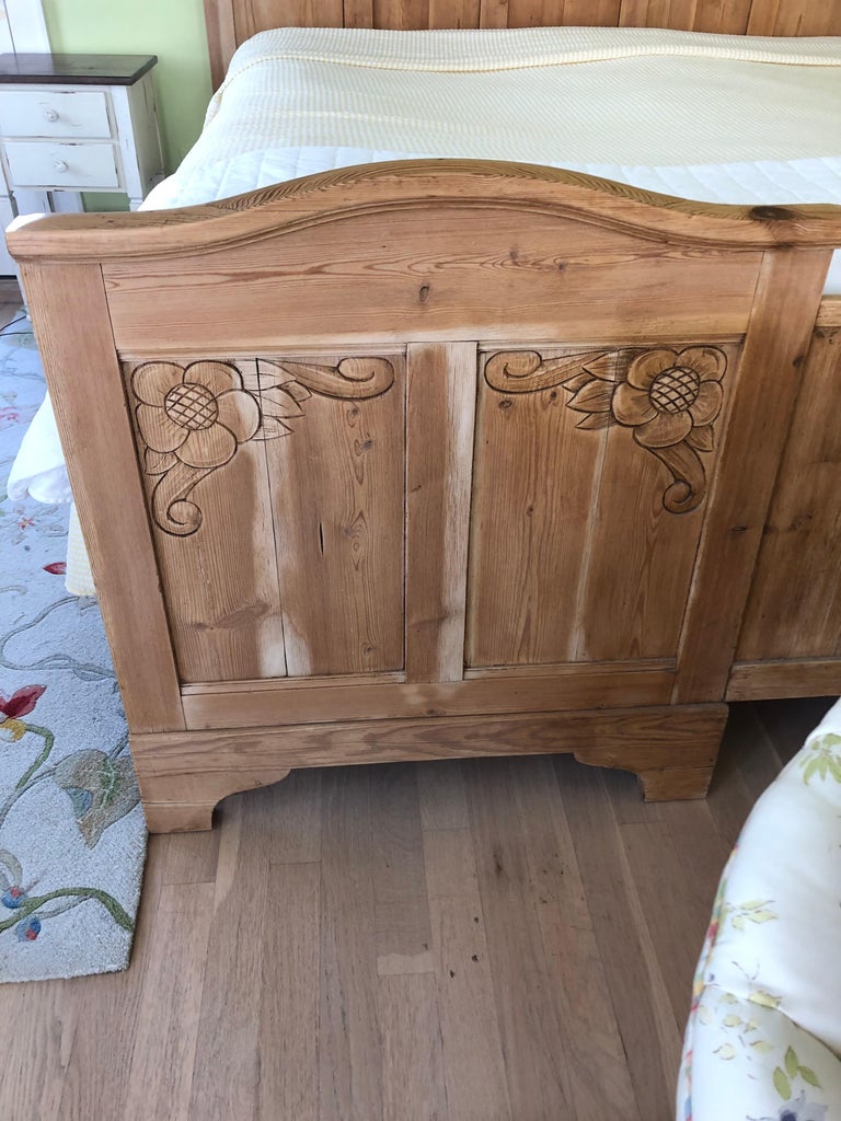 Lovely Carved Natural Pine Antique King Size Bed Frame For Sale at