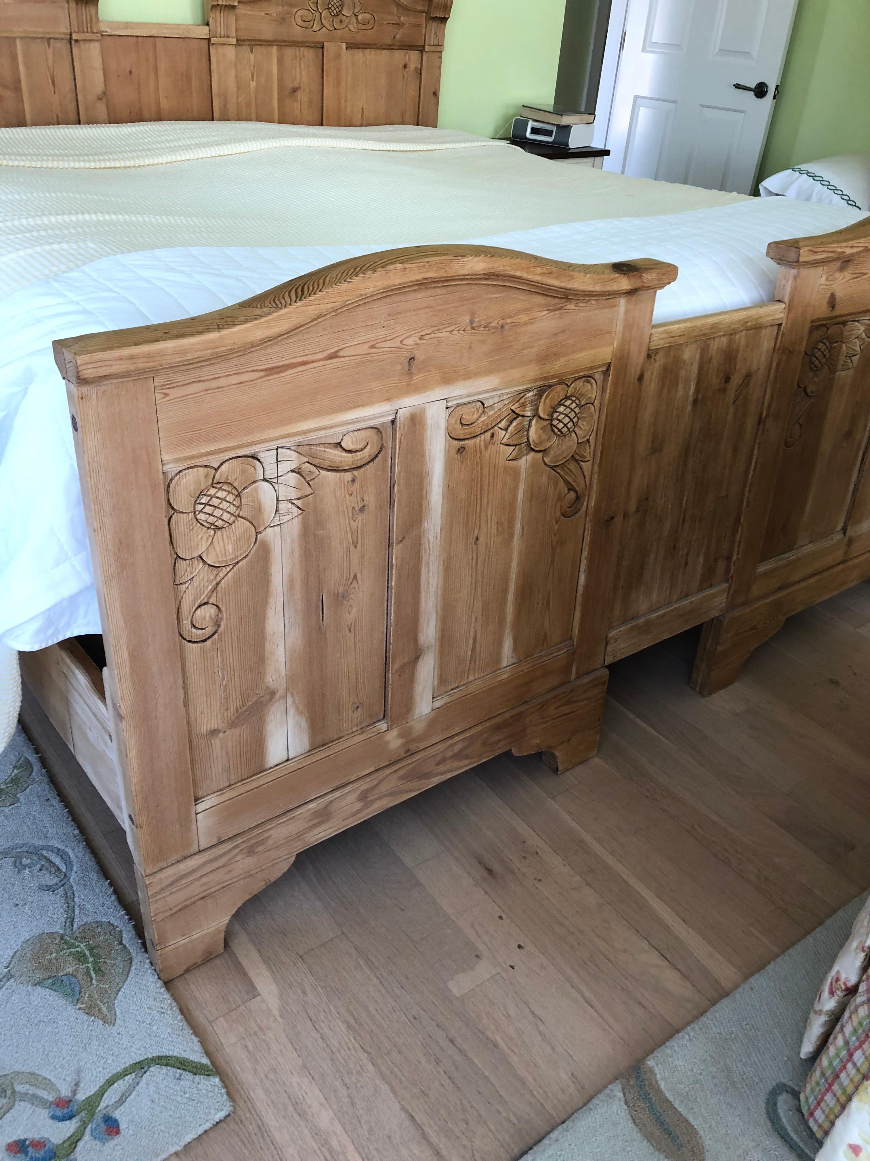 Lovely Carved Natural Pine Antique King Size Bed Frame For Sale 4
