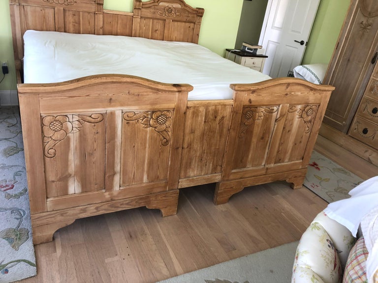 Lovely Carved Natural Pine Antique King Size Bed Frame For Sale at