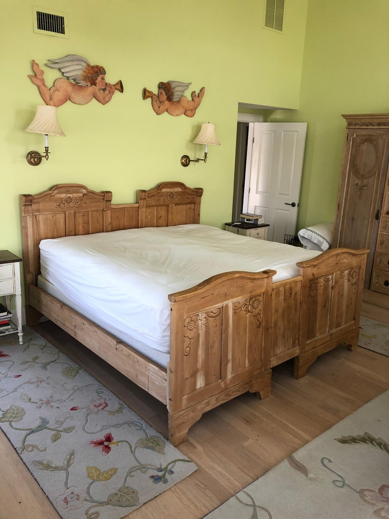 Lovely Carved Natural Pine Antique King Size Bed Frame For Sale at