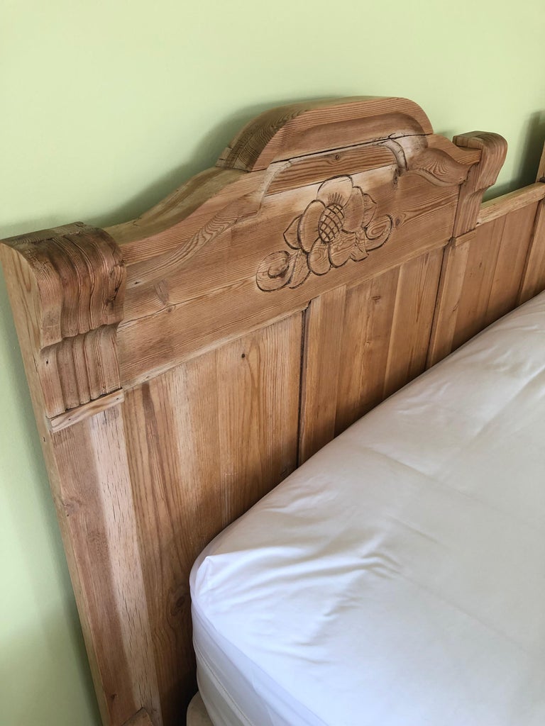 Lovely Carved Natural Pine Antique King Size Bed Frame For Sale at
