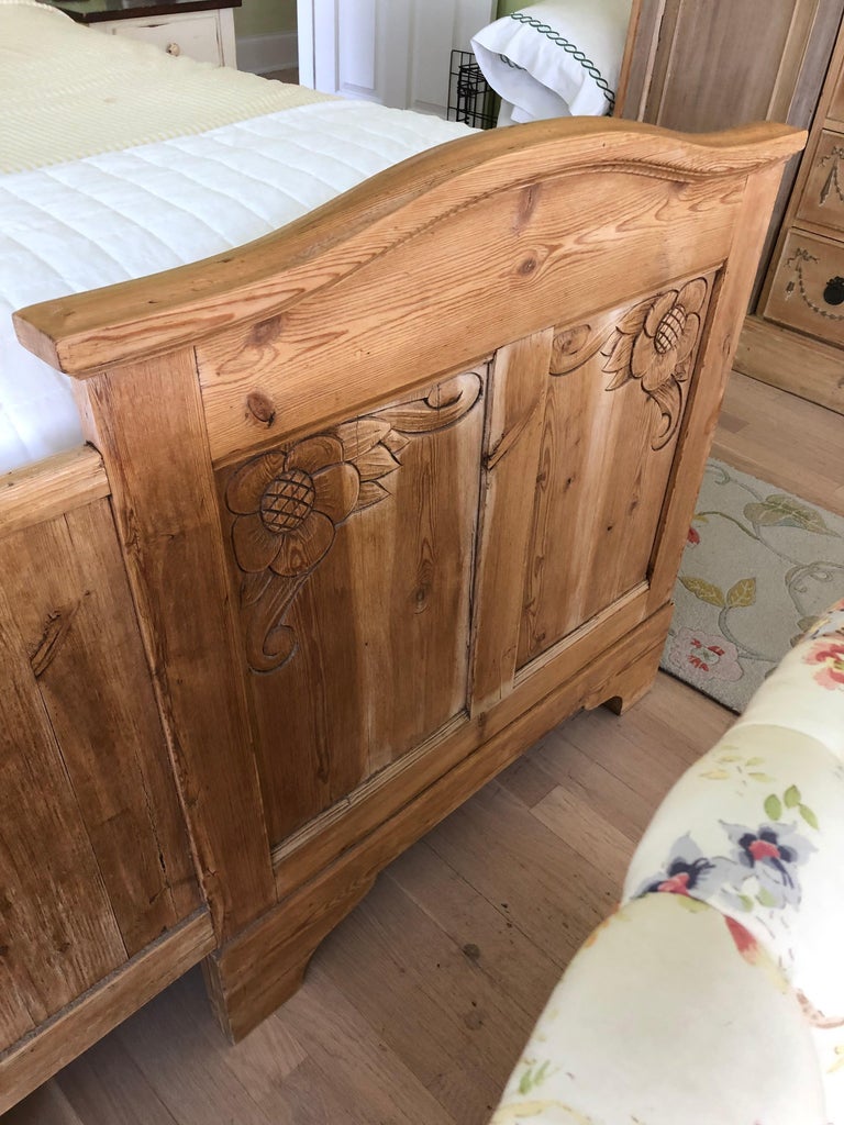 Lovely Carved Natural Pine Antique King Size Bed Frame For Sale at