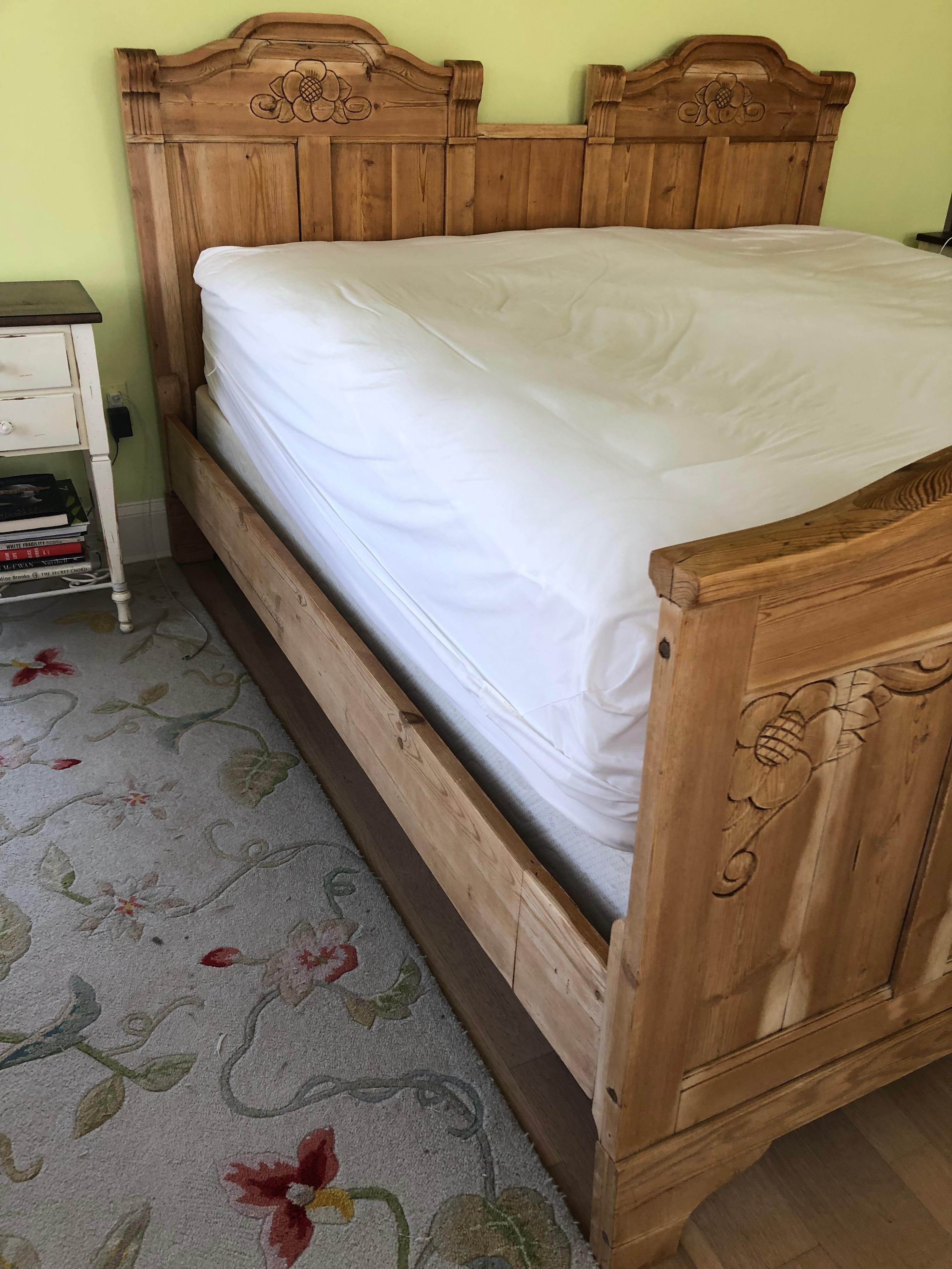 Lovely Carved Natural Pine Antique King Size Bed Frame In Good Condition For Sale In Hopewell, NJ