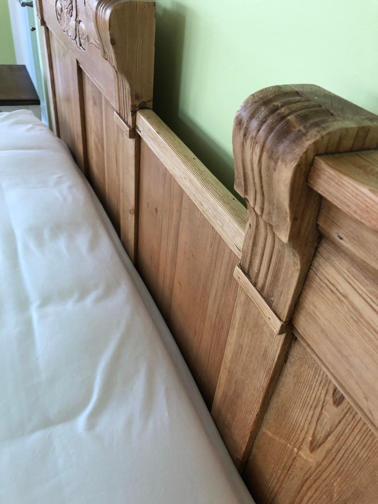 Lovely Carved Natural Pine Antique King Size Bed Frame For Sale at