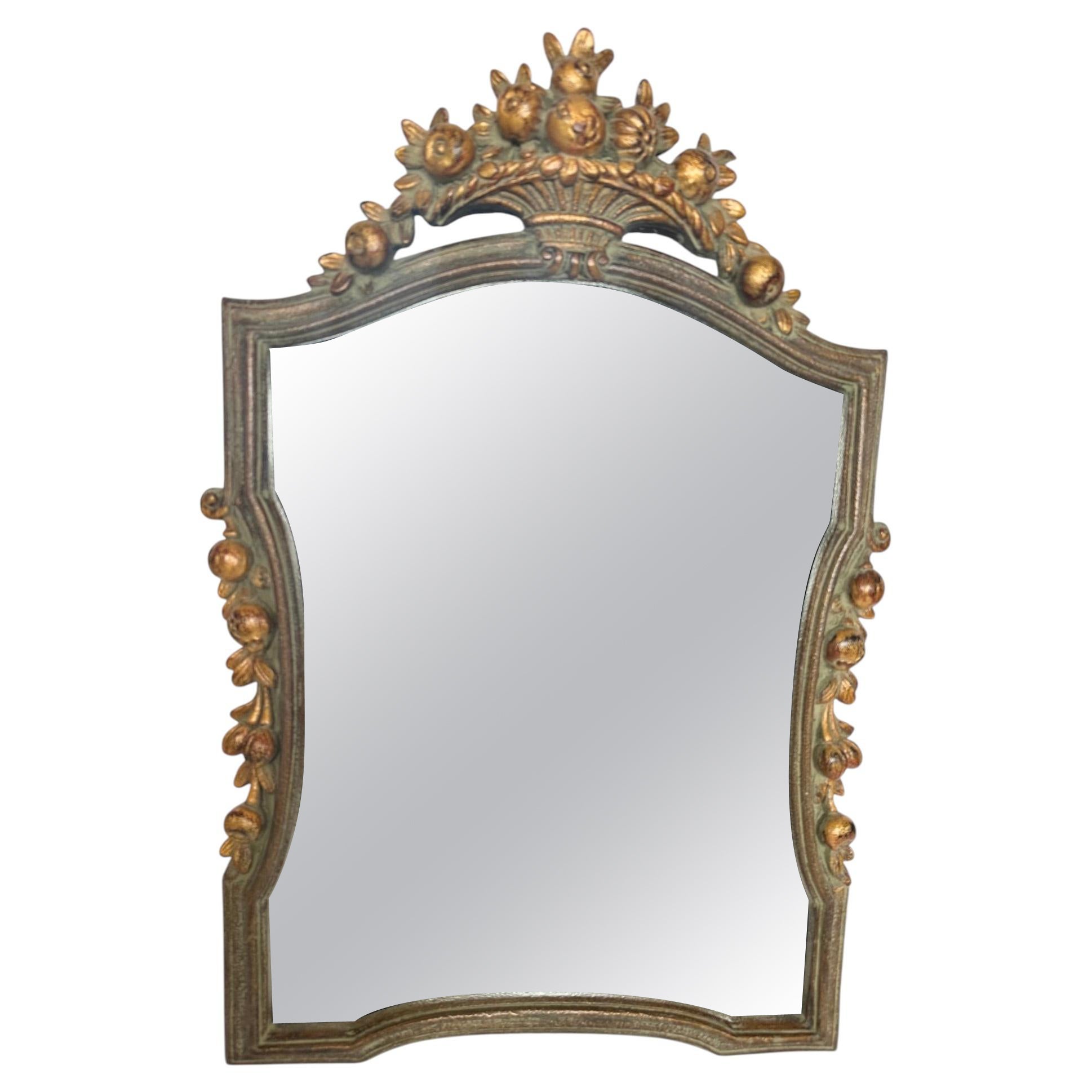 Lovely Carved Wood Celadon Green & Gilded Mirror with Fruit For Sale
