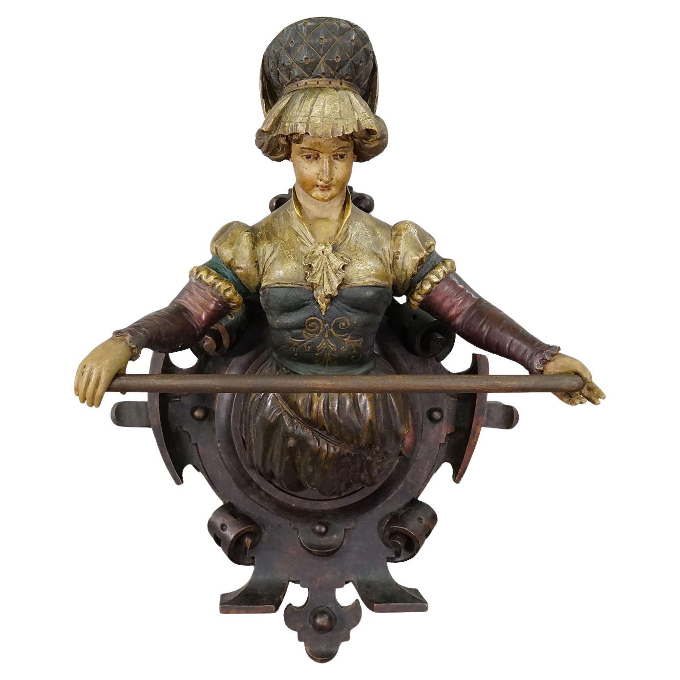 Lovely Carved Wooden Lady Towel Holder ca. 1900