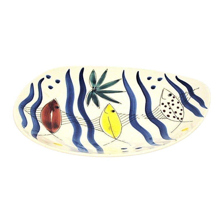 Lovely Ceramic Dish with Fishes by Inger Waage, Stavangerflint Norway, 1950s For Sale