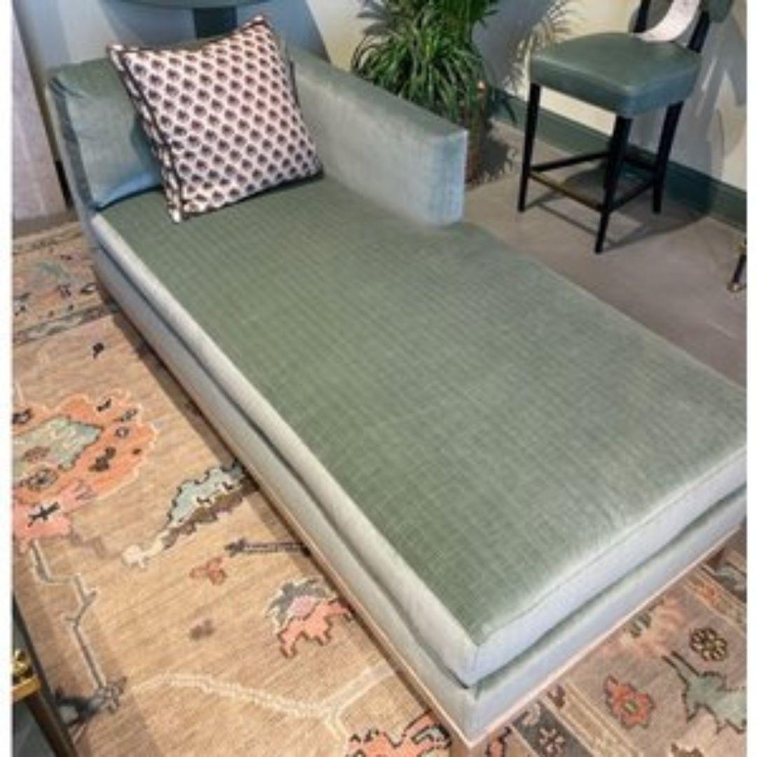 This is a NEW chaise LAF upholstered in Sage Green 100% Cotton, with a durability of 150,000 Double Rubs, Cleaning Code S. Legs are Blonde Cerused finish. Seat Cushion Fill: Ultra Down Back Cushion Fill: Blend Down. No pillow included. Very