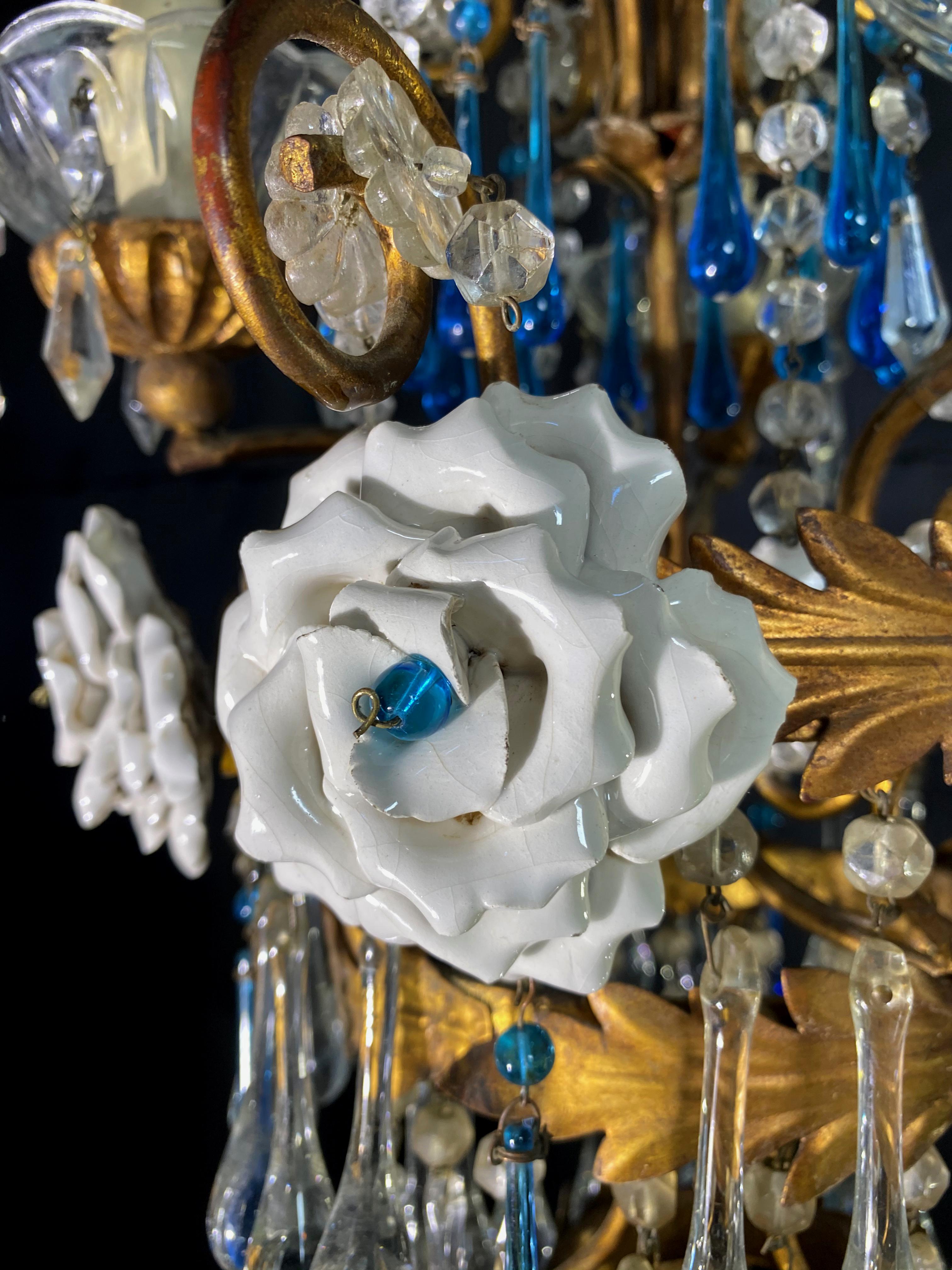 Lovely Chandelier with White Roses and Blue Drops, Murano, 1950s For Sale 3