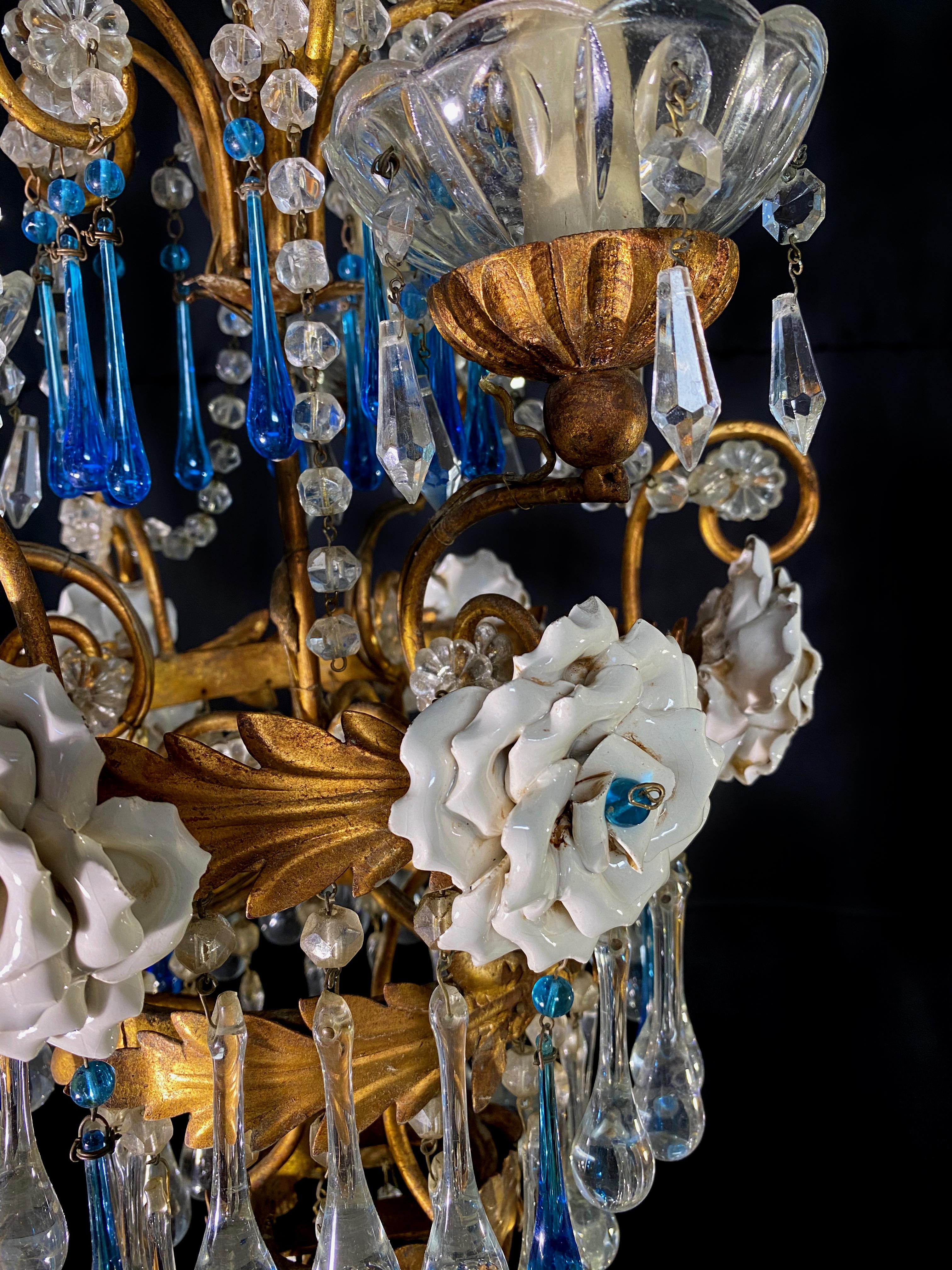 Lovely Chandelier with White Roses and Blue Drops, Murano, 1950s For Sale 4