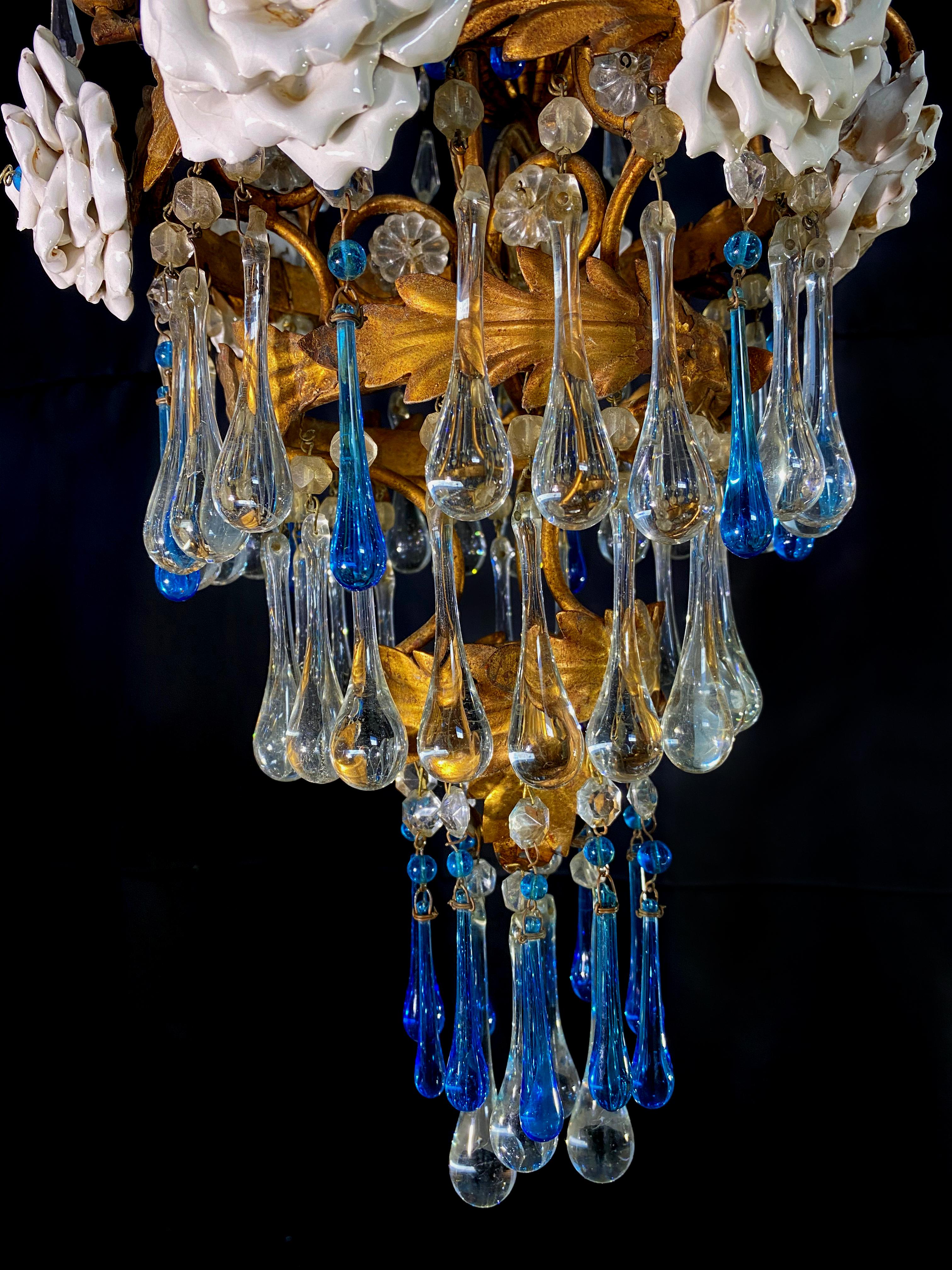 Lovely Chandelier with White Roses and Blue Drops, Murano, 1950s For Sale 6