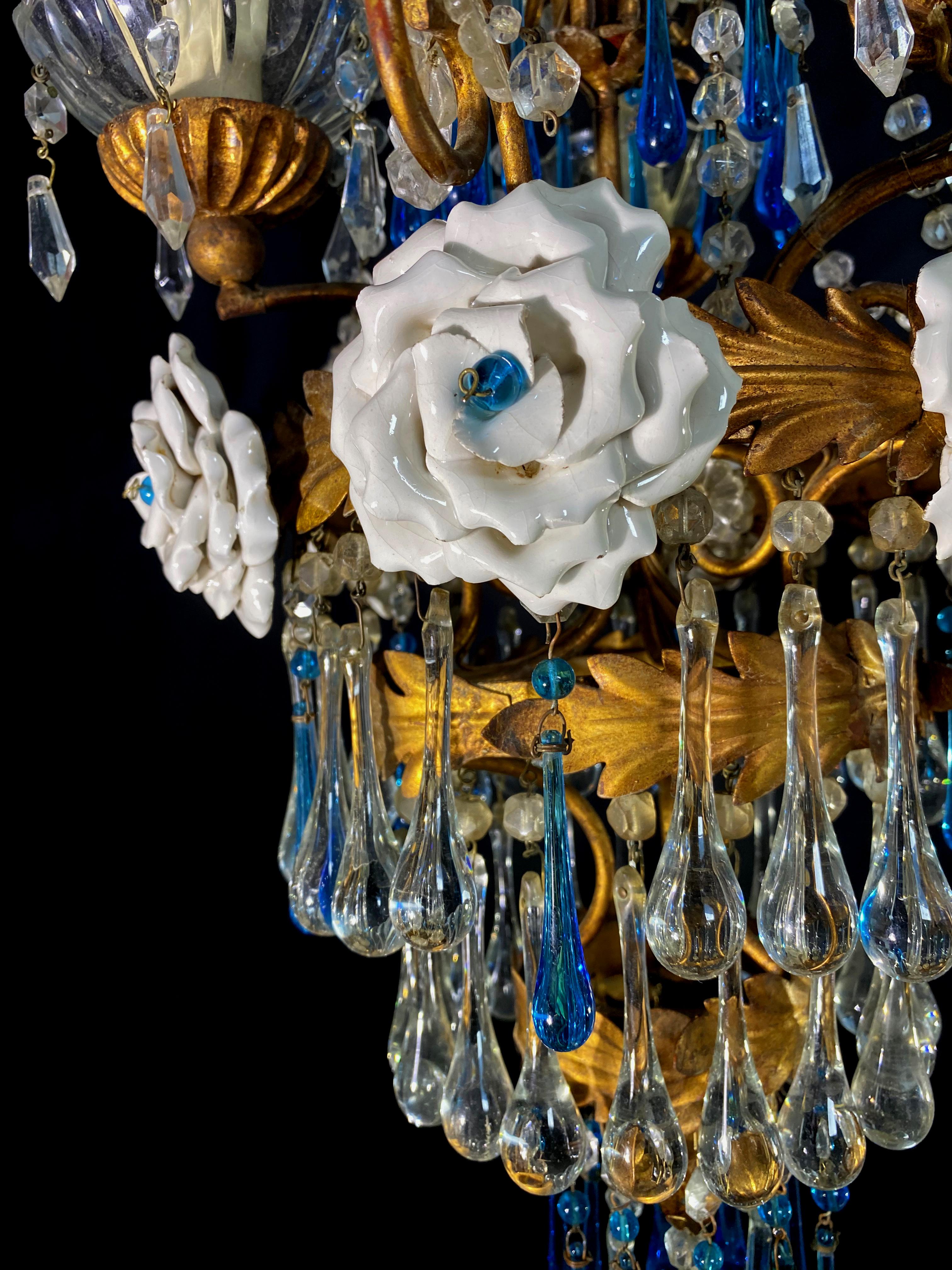 Lovely Chandelier with White Roses and Blue Drops, Murano, 1950s For Sale 7