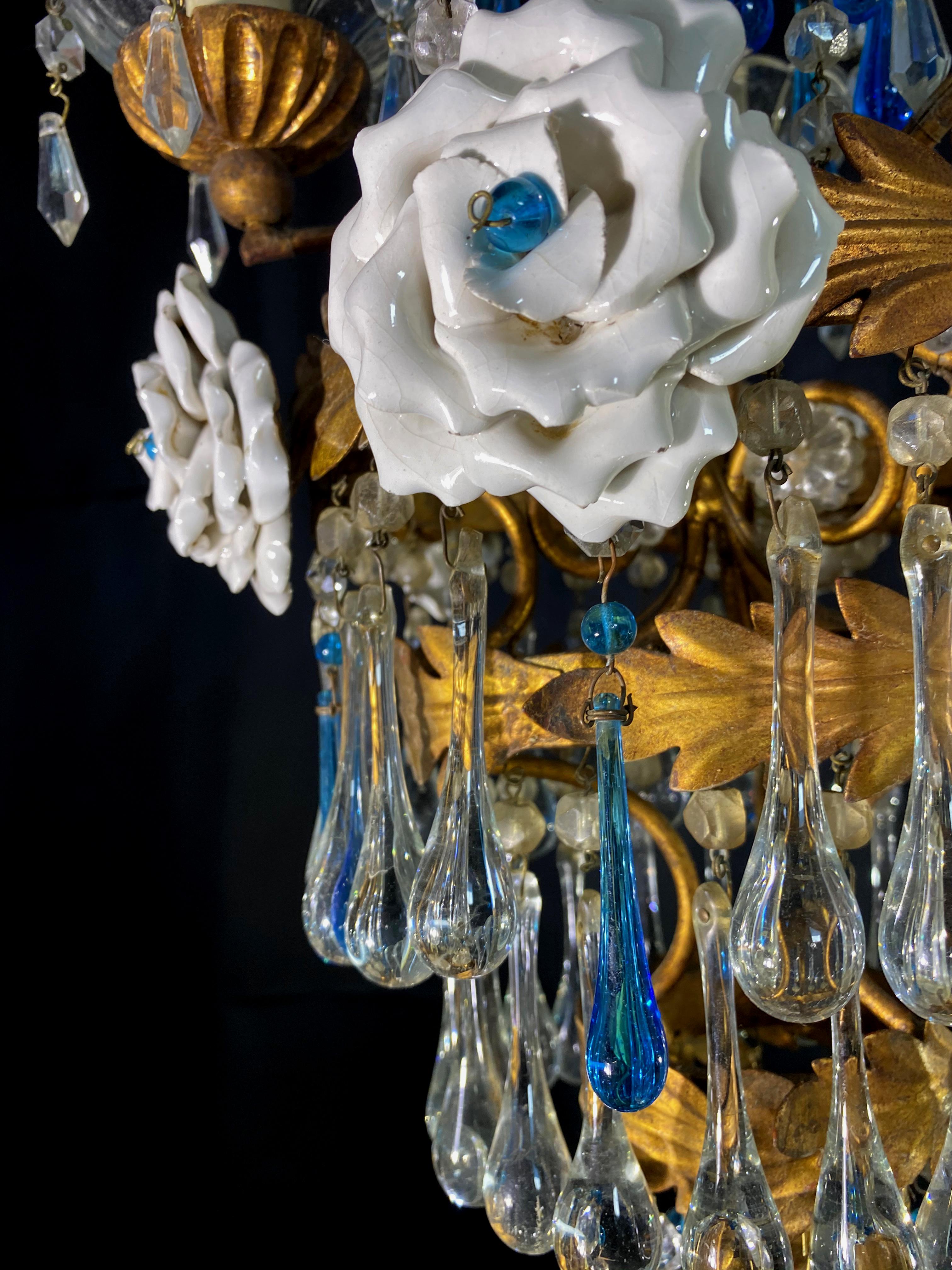 Lovely Chandelier with White Roses and Blue Drops, Murano, 1950s For Sale 8