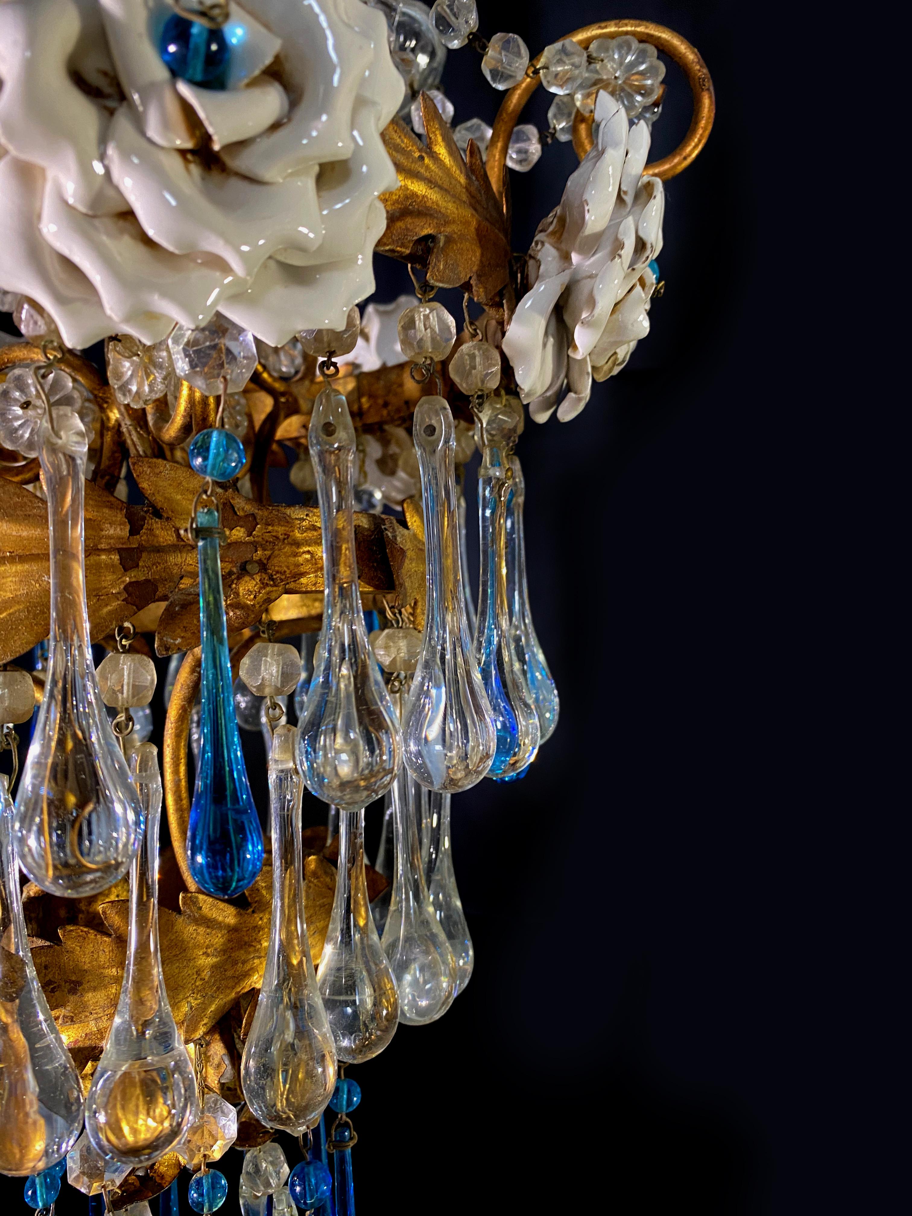 Lovely Chandelier with White Roses and Blue Drops, Murano, 1950s For Sale 9