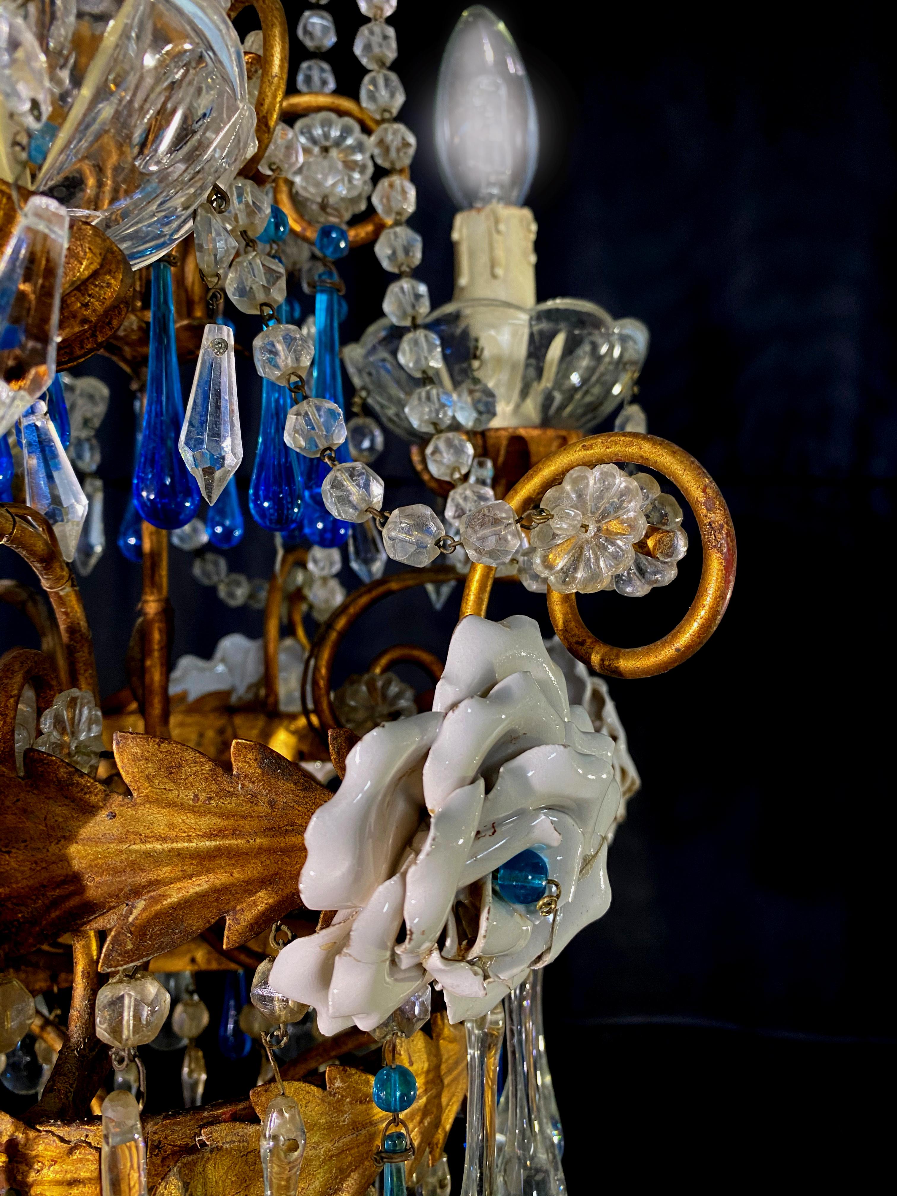 Lovely Chandelier with White Roses and Blue Drops, Murano, 1950s For Sale 11