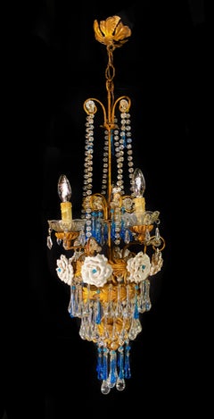 Lovely Chandelier with White Roses and Blue Drops, Murano, 1950s