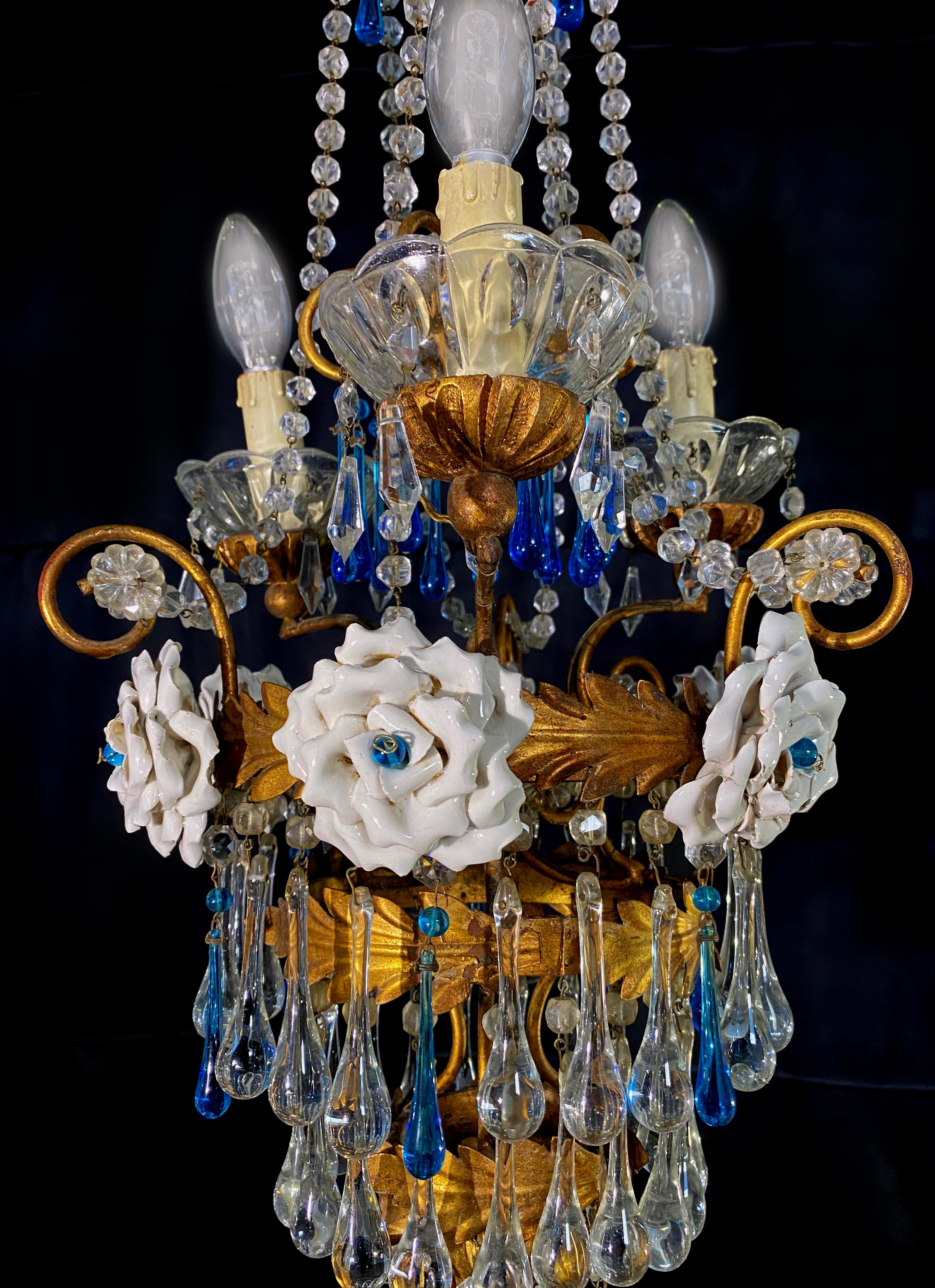 Lovely Chandelier with White Roses and Blue Drops, Murano, 1950s For Sale 13