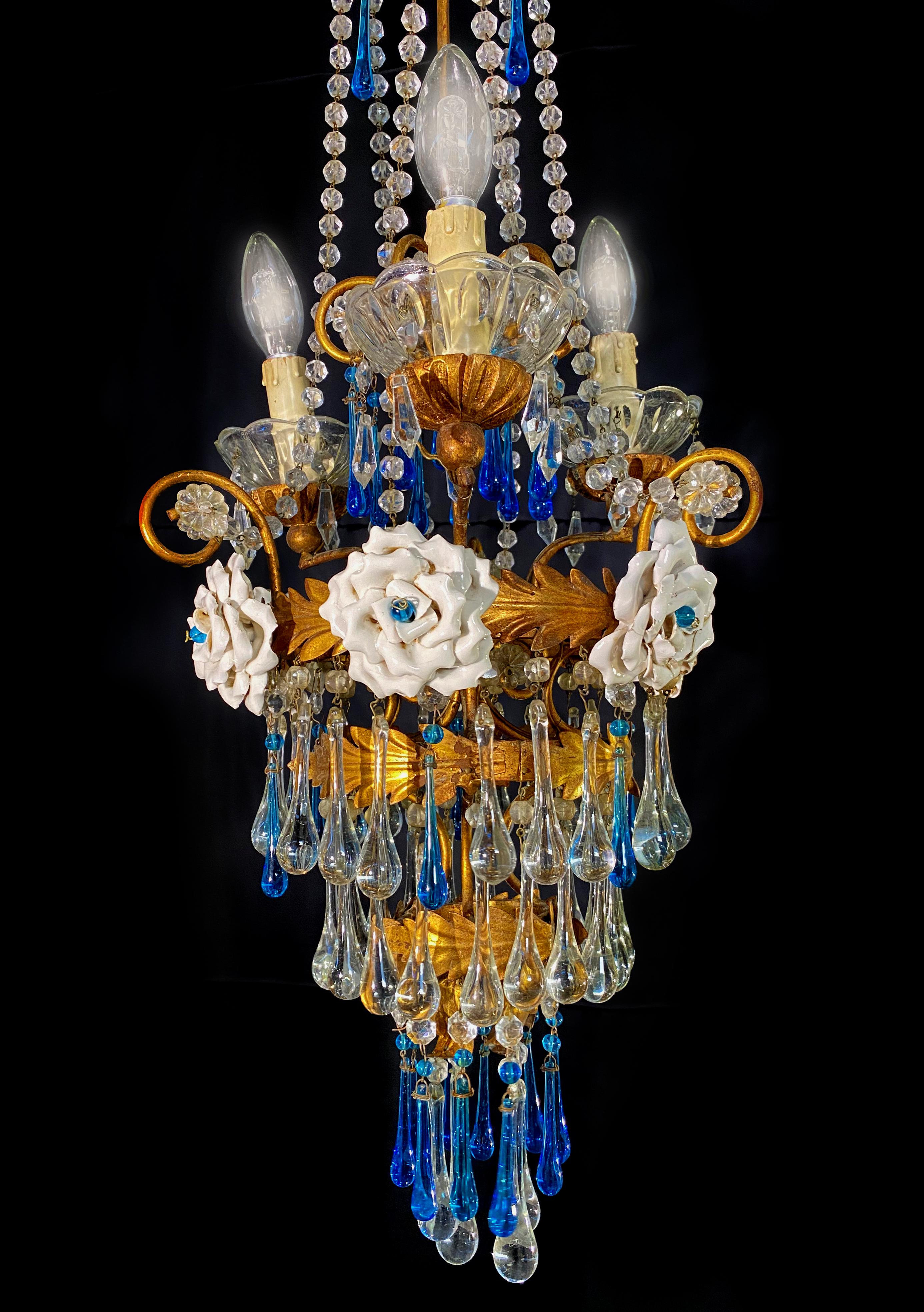 Italian Lovely Chandelier with White Roses and Blue Drops, Murano, 1950s For Sale